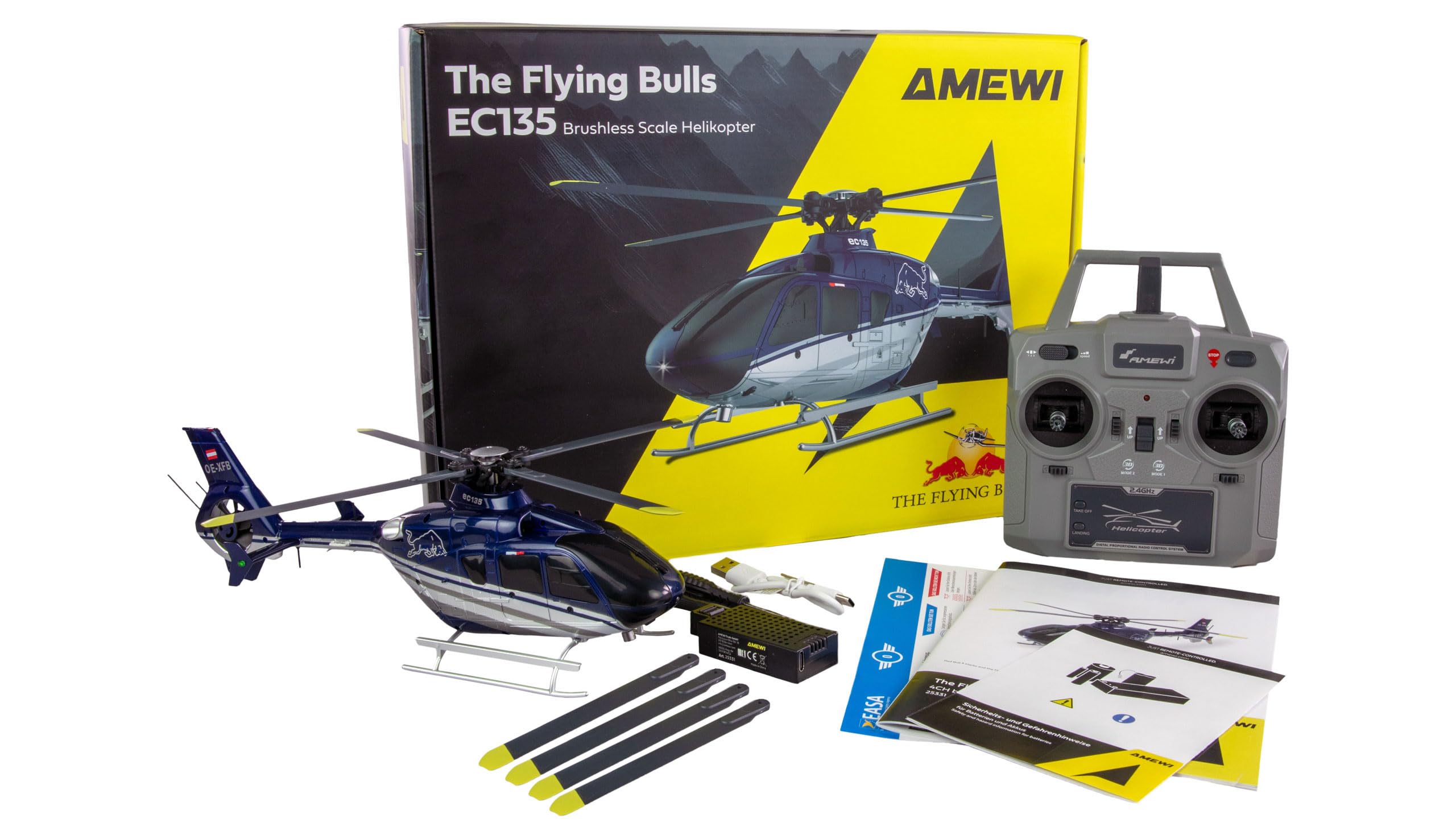 Amewi The Flying Bulls EC135 - Elicottero senza brushless a 6 canali 6G RTF RC radiocomandato, colore: Blu