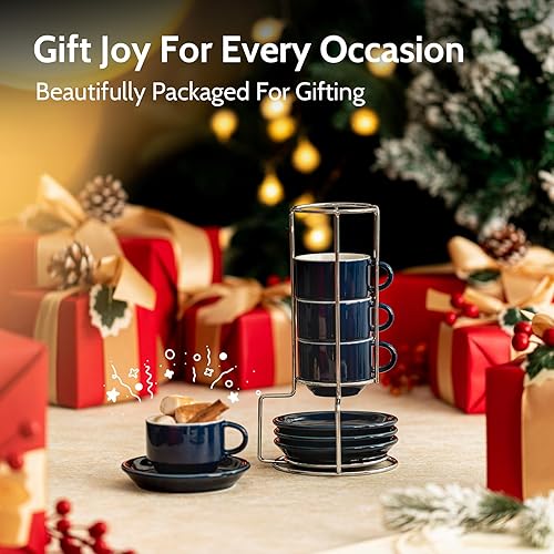 Miniatura 5 de SWEESE - Tazas de porcelana apilables, de 8 onzas, con platillos y soporte de metal, para bebidas especializadas del café, capuchino, latte,