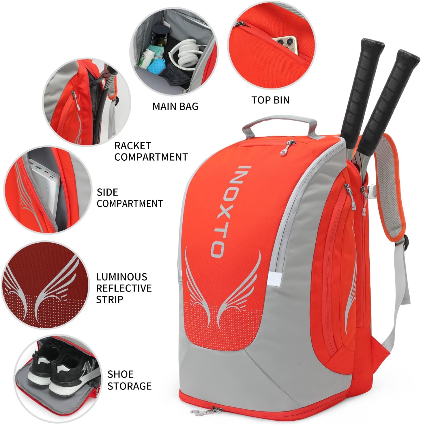 INOXTO 40L Tennis Backpack for Men & Women, Large Pickleball Bag With Independent Shoe Storage, Waterproof & Breathable, Holds 2 Tennis Rackets for Badminton, Travel & Camping - Image 4