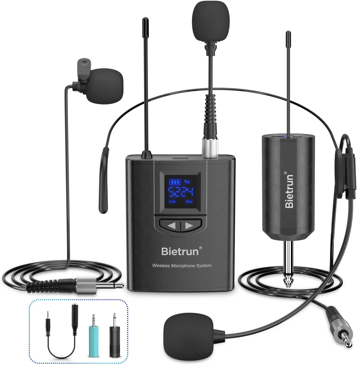 UHF Wireless Lavalier Lapel Microphone System/Headset Mic/Stand Mic, 165ft Range, Rechargeable Transmitter Receiver, 1/4" Output, for iPhone,Android,PA Speaker,DSLR Camera,YouTube, Recording