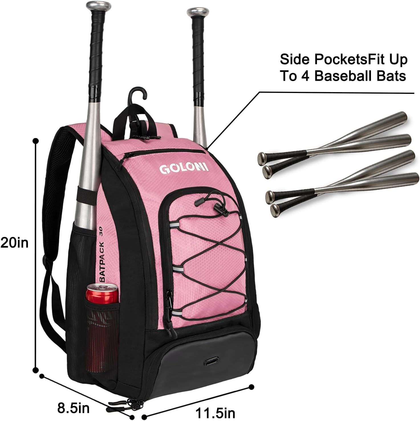 Goloni 40L Baseball Bag, Softball Bat Bag with Shoes Compartment,Fence Hook,Backpack for Baseball, T-Ball & Softball Equipment & Gear