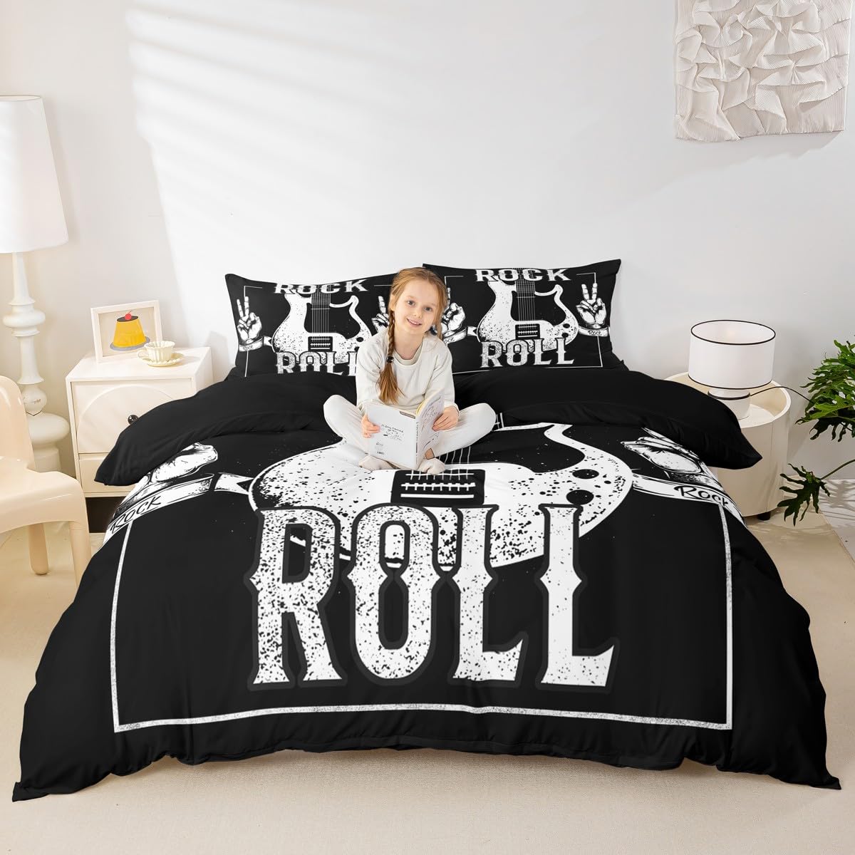 Guitar Duvet Cover Rock Music Bedding Sets King Grunge Electric Guitar Comforter Cover Rock Roll Theme Bedding for Boys Girls Teens Musical Instrument Quilt Cover,Black White