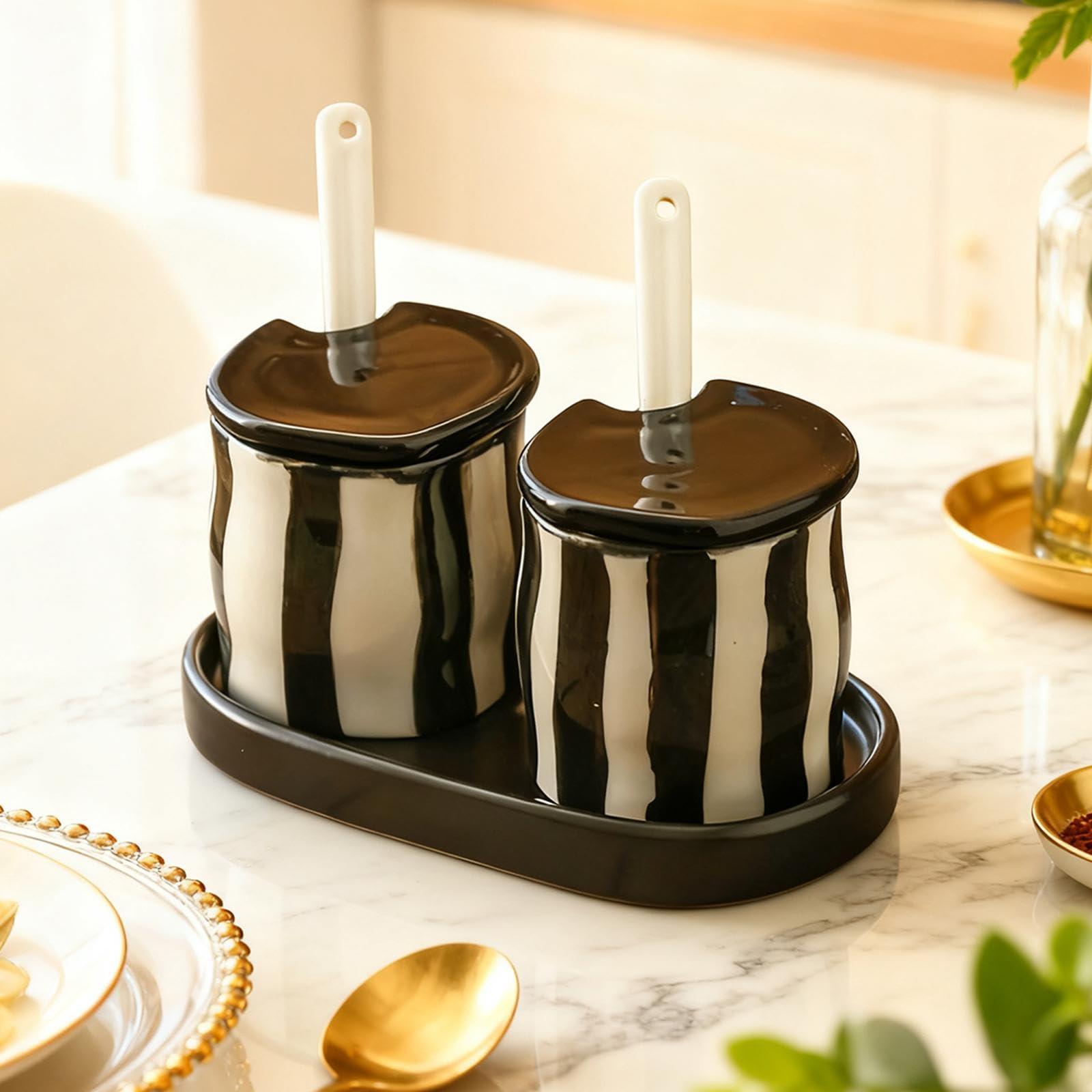 Tarro para Condimentos, Cajas para Condimentos, Tarros con Tapa Y Cuchara, Caja de Condimentos para Regalo, Negro, Individual
