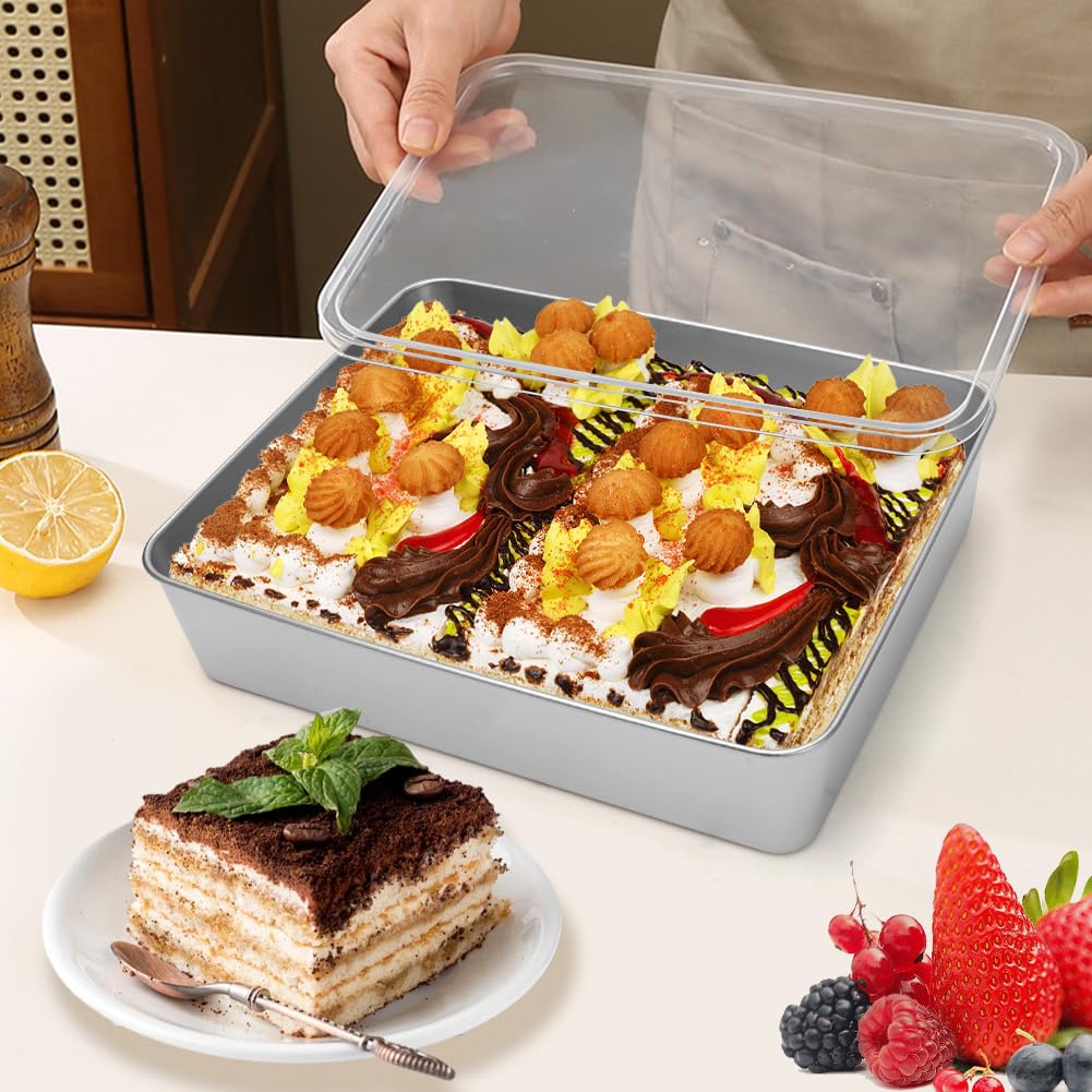 Gohytal Teglia da forno in acciaio inox con coperchio ermetico, 2 spatole per torte, teglia rettangolare per arrostire, lavabile in lavastoviglie, per casseruole, torte, brownie lasagne