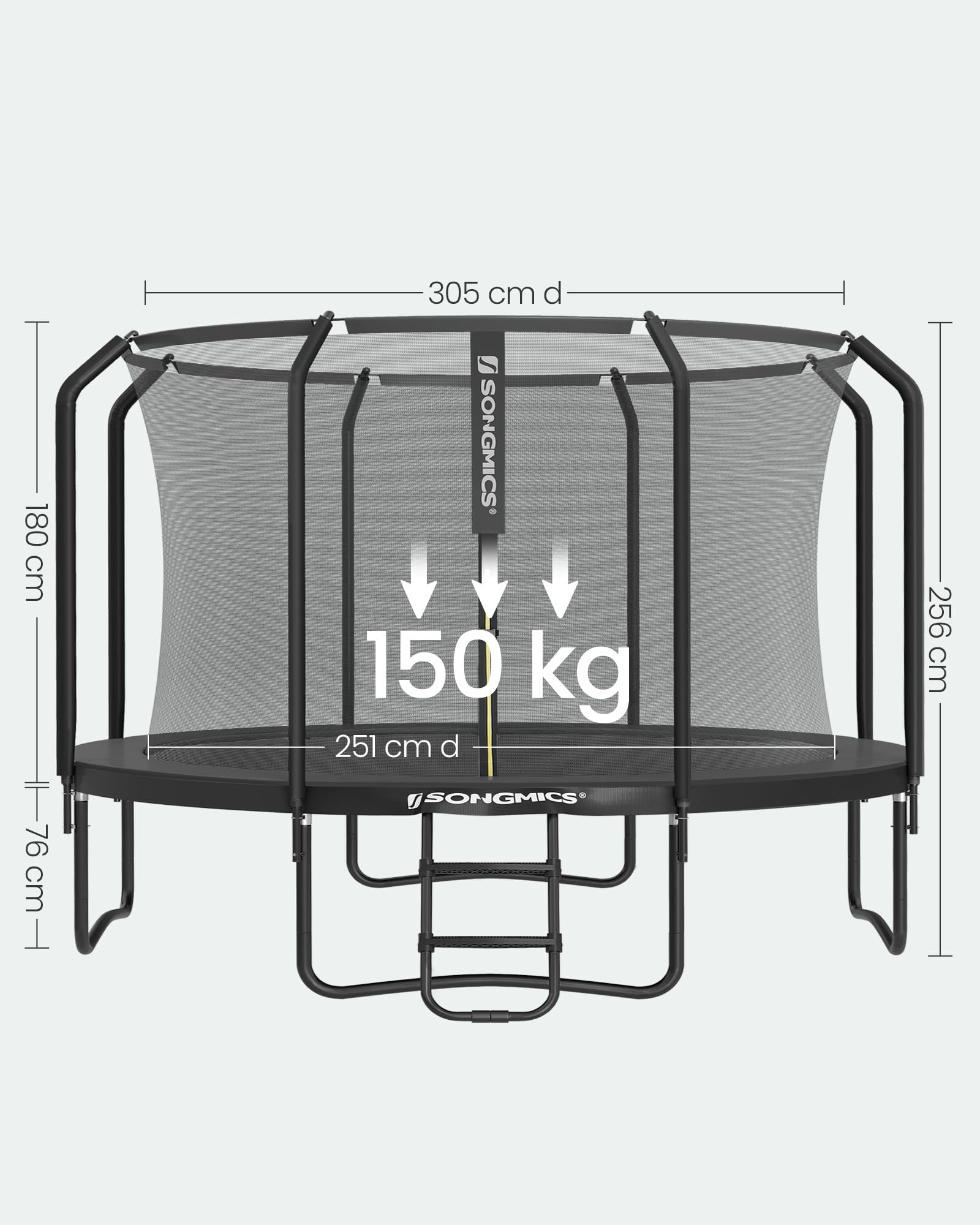 SONGMICS Trampolin Outdoor Kindertrampolin Ø 244/305/366/427 cm, rundes Gartentrampolin Sicherheitsnetz und Leiter, Randabdeckung, gepolstertes Gestell