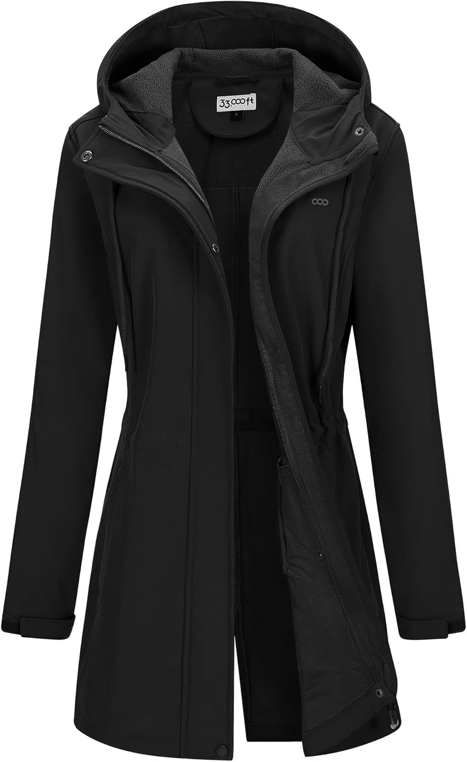 33,000ft Women's Softshell Long Jacket with Hood Fleece Lined Windproof Warm up Waterproof Windbreaker