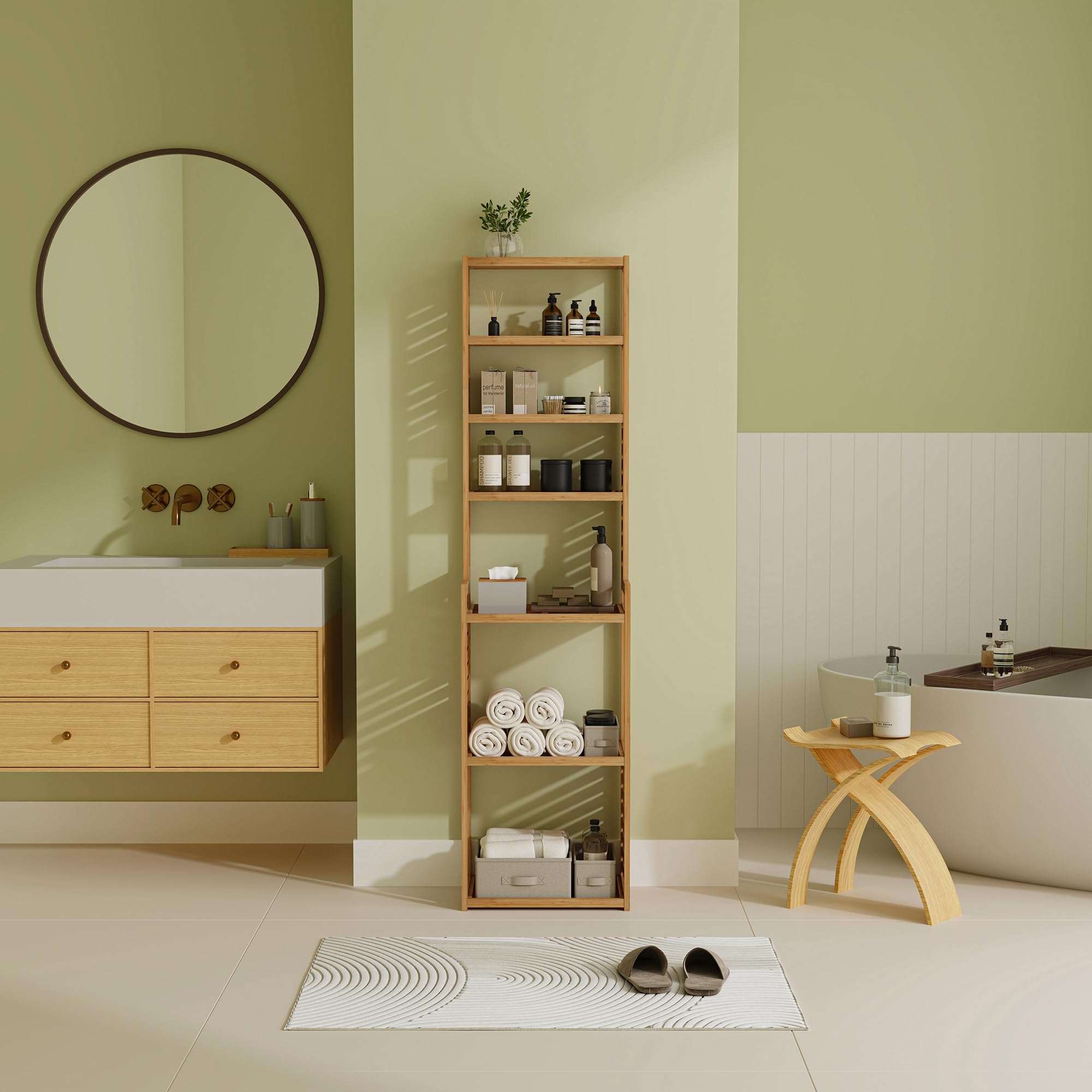 en.casa] Staand rek Forssa bamboe 165x42x28 cm houtkleurig - Kasten | Boekenkasten
