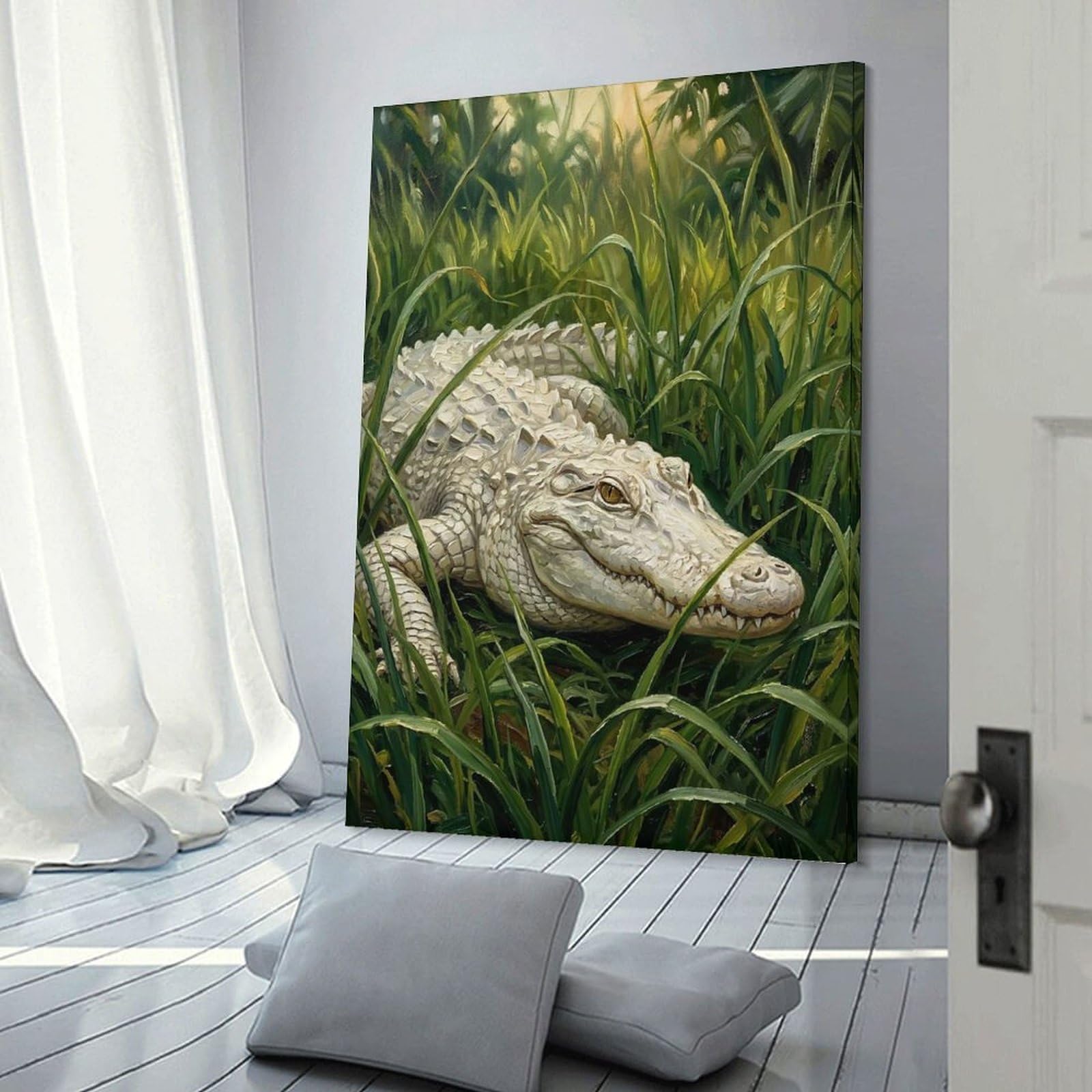 Junmoney Albino Alligator in Tall Grass Hanging Wall Art 20x30inch(50x75cm), for Gallery Wall Decor And Room Displays, A Versatile Canvas Print for Layering