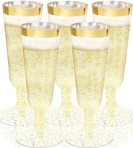 Vista 14 de WDF Paquete de 36 Flautas de Champán de Plástico con Purpurina Dorada - 7 OZ Copas Flauta de Champán Doradas Desechables de Plástico para Fiesta