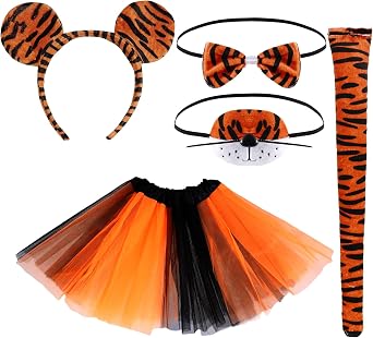 SUMERSHA 5Pcs Tiger Costume Set, Tiger Round Ear Headband Nose Tail Bow Tie Tutu Skirt, Animal Dress up Accessories for Halloween Cosplay
