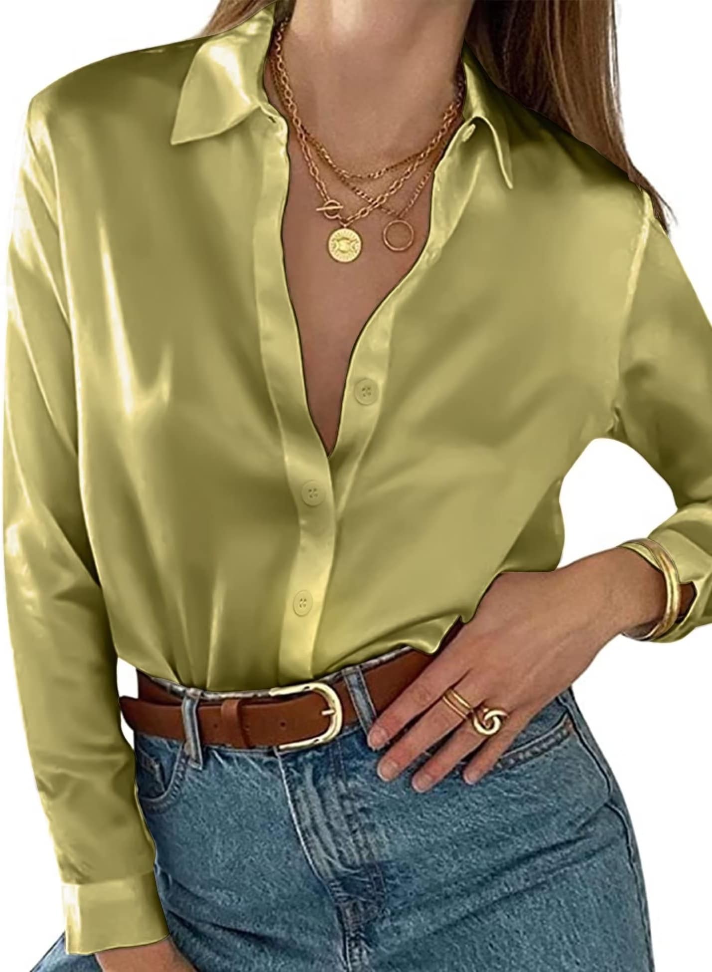 BloggerloveWomen Satin Shirts Button Down Blouse Casual Long Sleeve Silk Blouse Office Work Top S-XXL