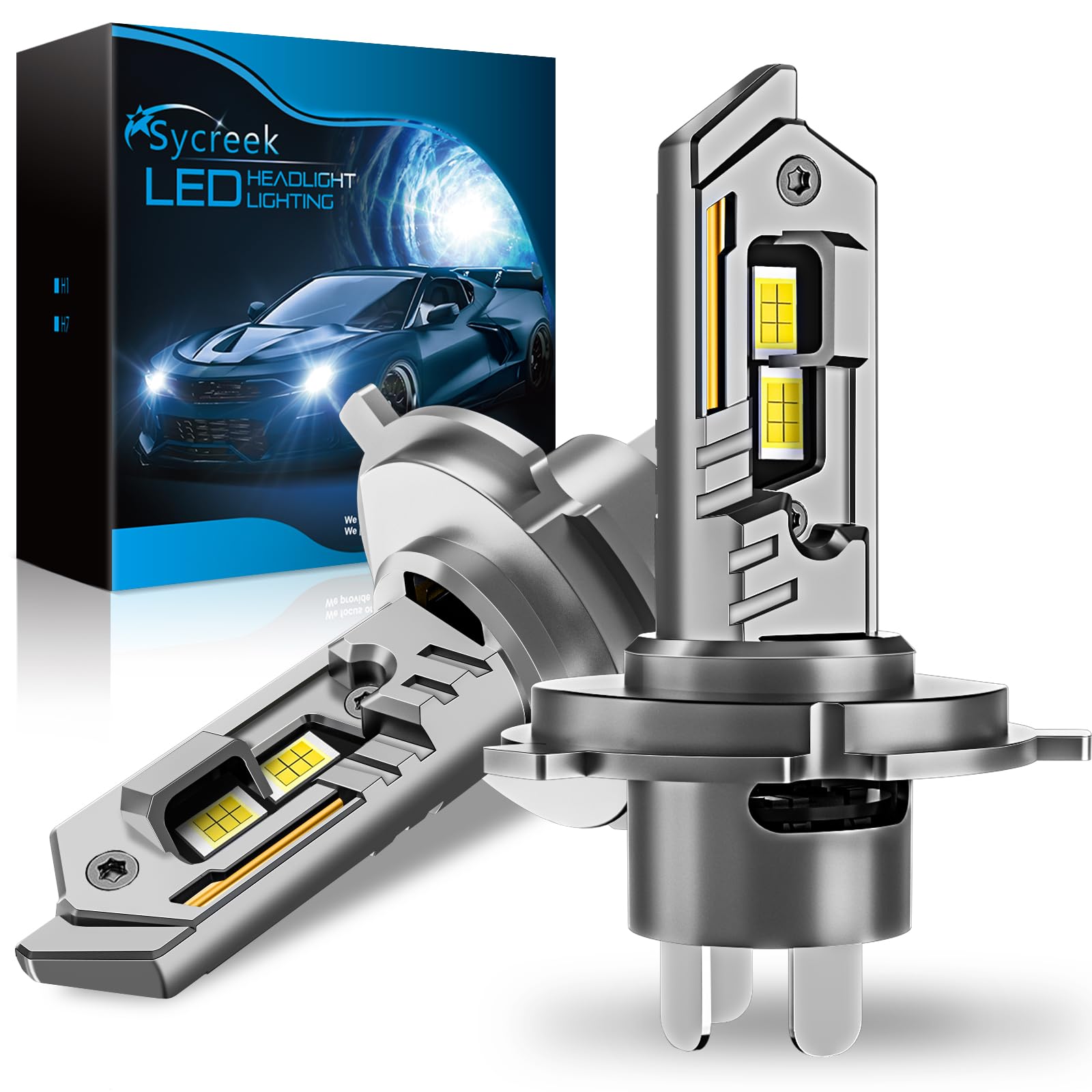 Sycreek Żarówki LED H4/9003/HB2 35000 LM, 8X Plus, 6500K zimna biel, wiązka skoncentrowana, ciche zaawansowane chłodzenie, instalacja typu plug-N-Play, opakowanie 2 szt
