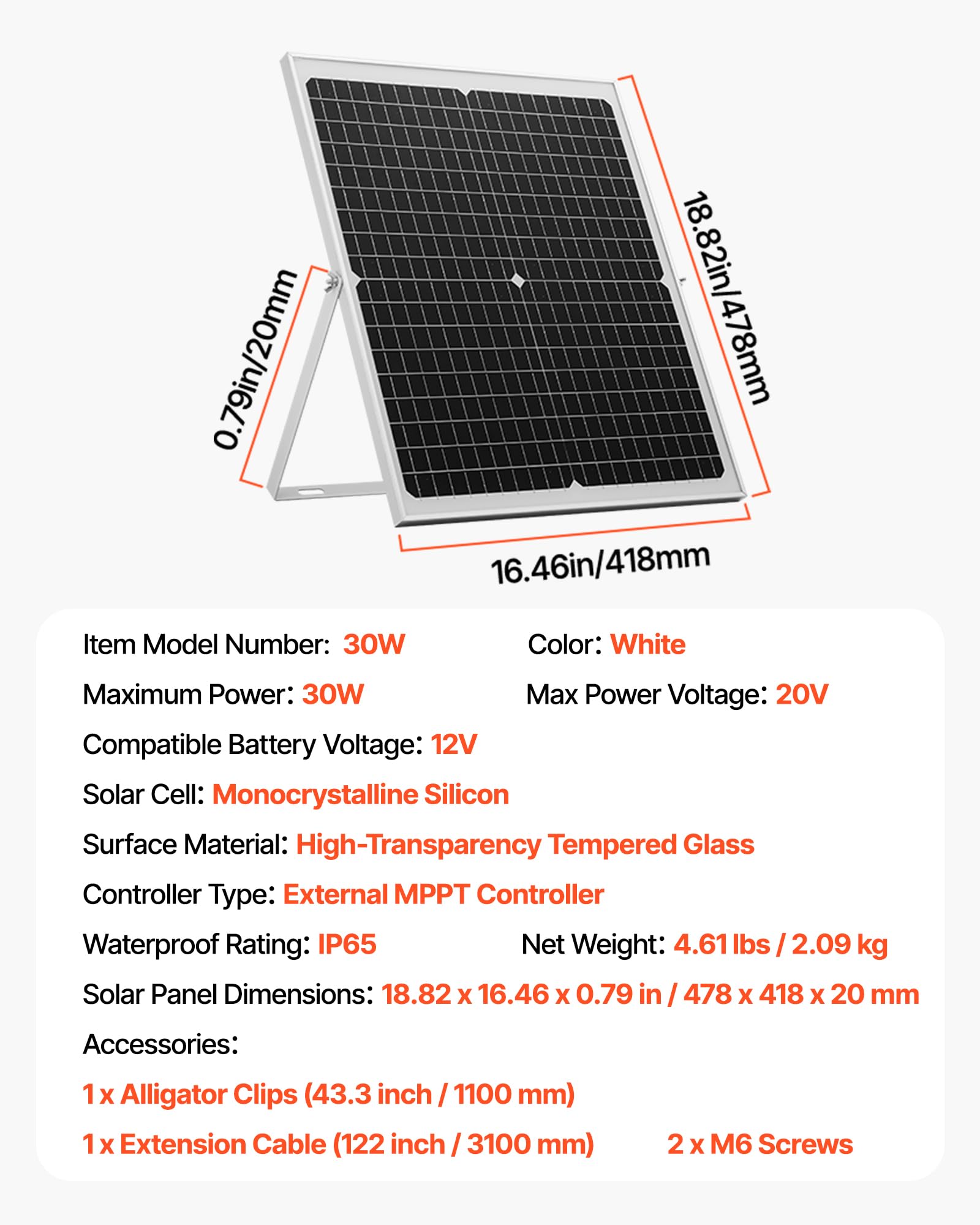 VEVOR Caricabatteria Solare 30 W 12 V MPPT Regolatore IP67 Impermeabile