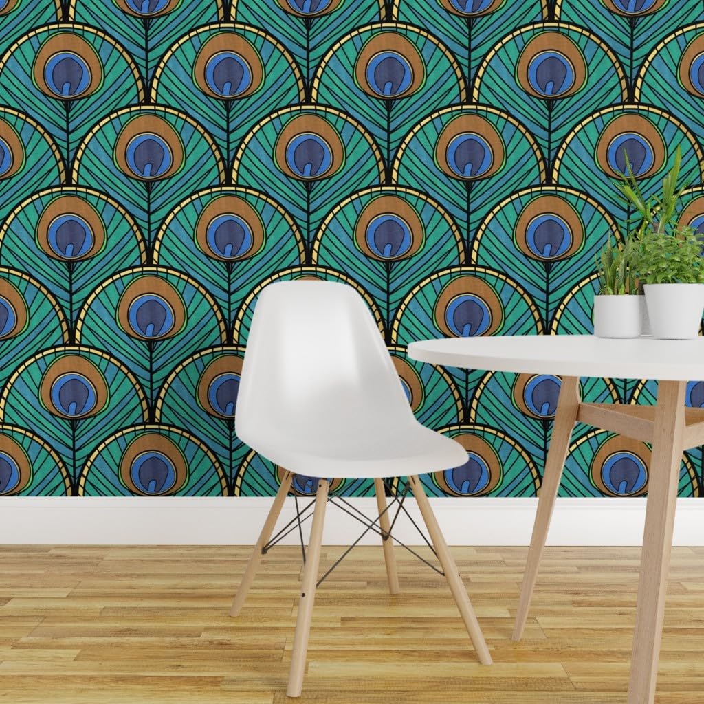 Removable Wallpaper 12ft x 2ft - Peacock Art Deco Fan Pattern Feather Blue Green 1920S Vintage Inspired Gold Animal Print Scallop Custom Pre-Pasted Wallpaper by Spoonflower