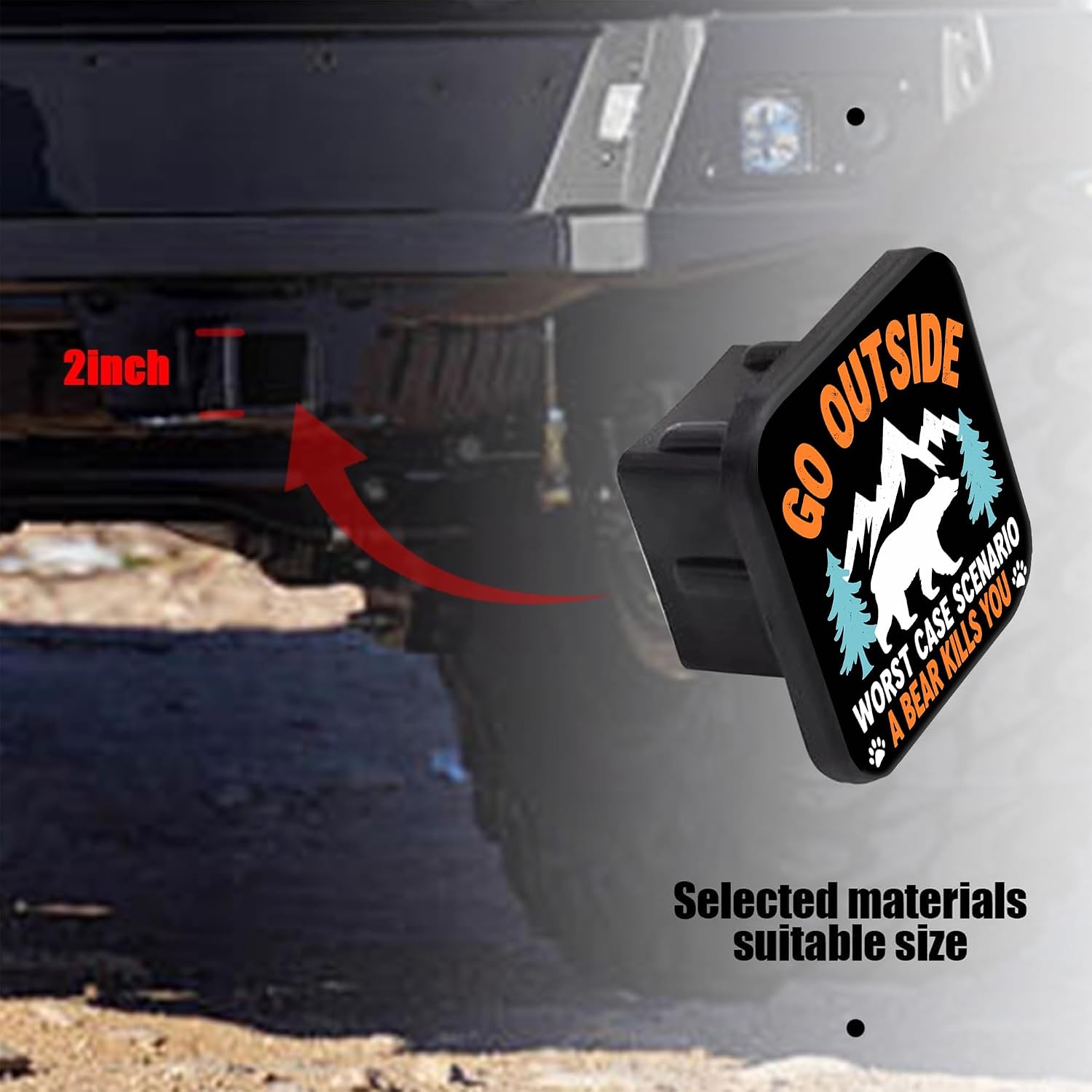 Go Outside Worst Case Scenario Hitch Receiver Cover 2" A Bear Kills You Trailer Hitch Cover Tube Cap Rubber Universal 2 Inch Receiver Plug for Pickups Trucks Cars Suvs