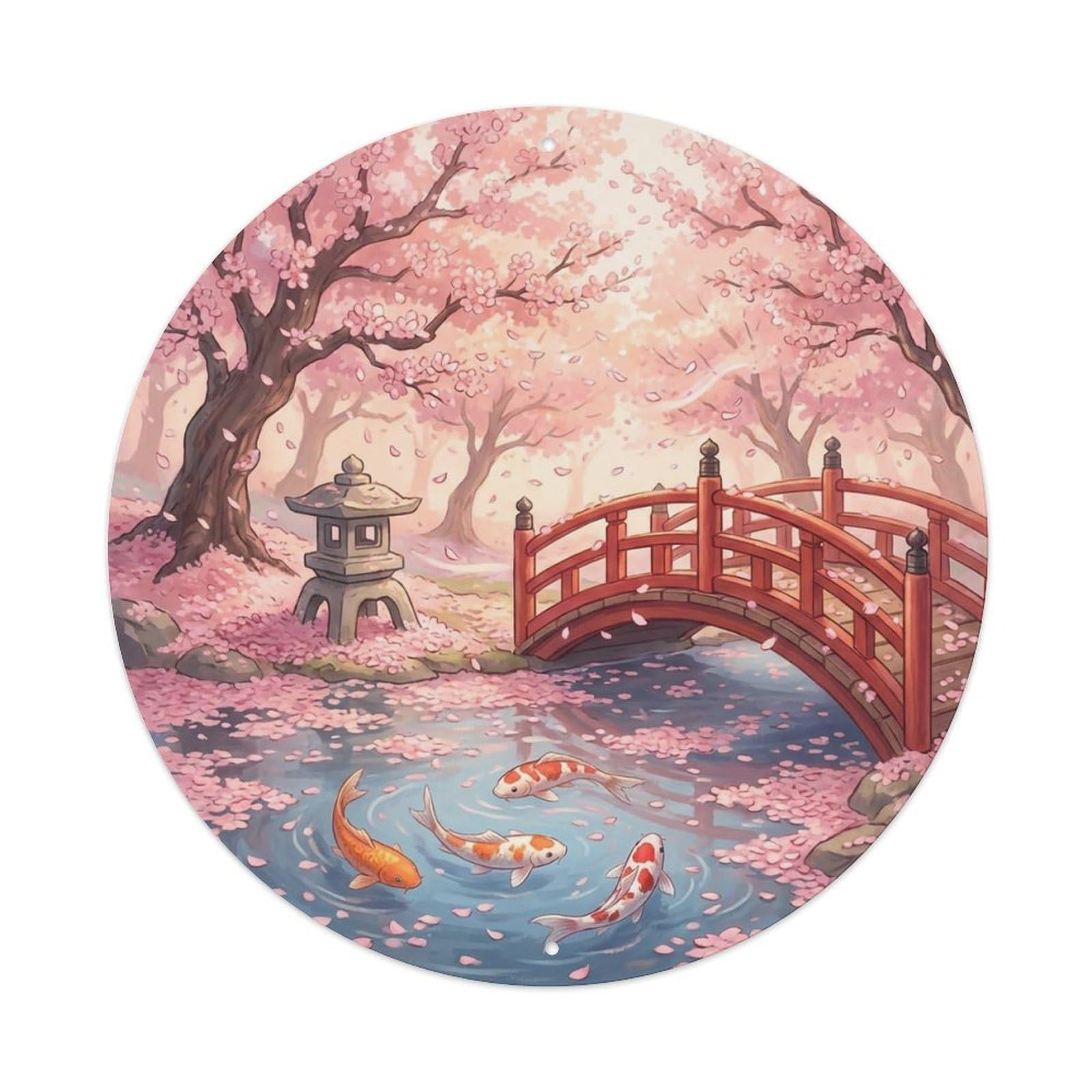 Japanese Koi Fish Cherry Shower Petal Storm Vintage Metal Tin Sign Plaque Wall Decor for Cafe, Club Bar, Office, Garden Metal Poster 8x8Inch