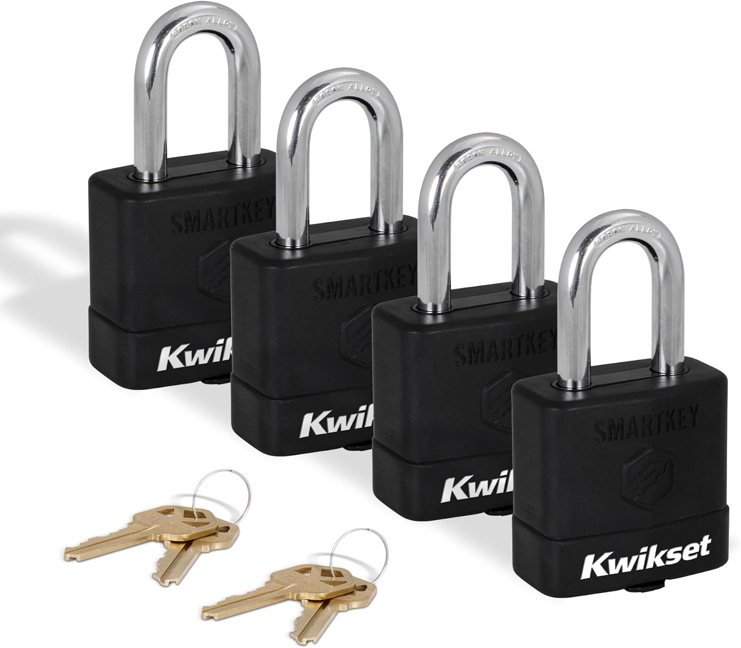 Kwikset SmartKey Re-Keyable Laminated Steel Padlock with Boron Carbide Shackle, with Weather Cover, Outdoor Gate and Storage Lock, 2 in Body, 1-1/2 in Shackle, 4 Pack Keyed Alike, Silver