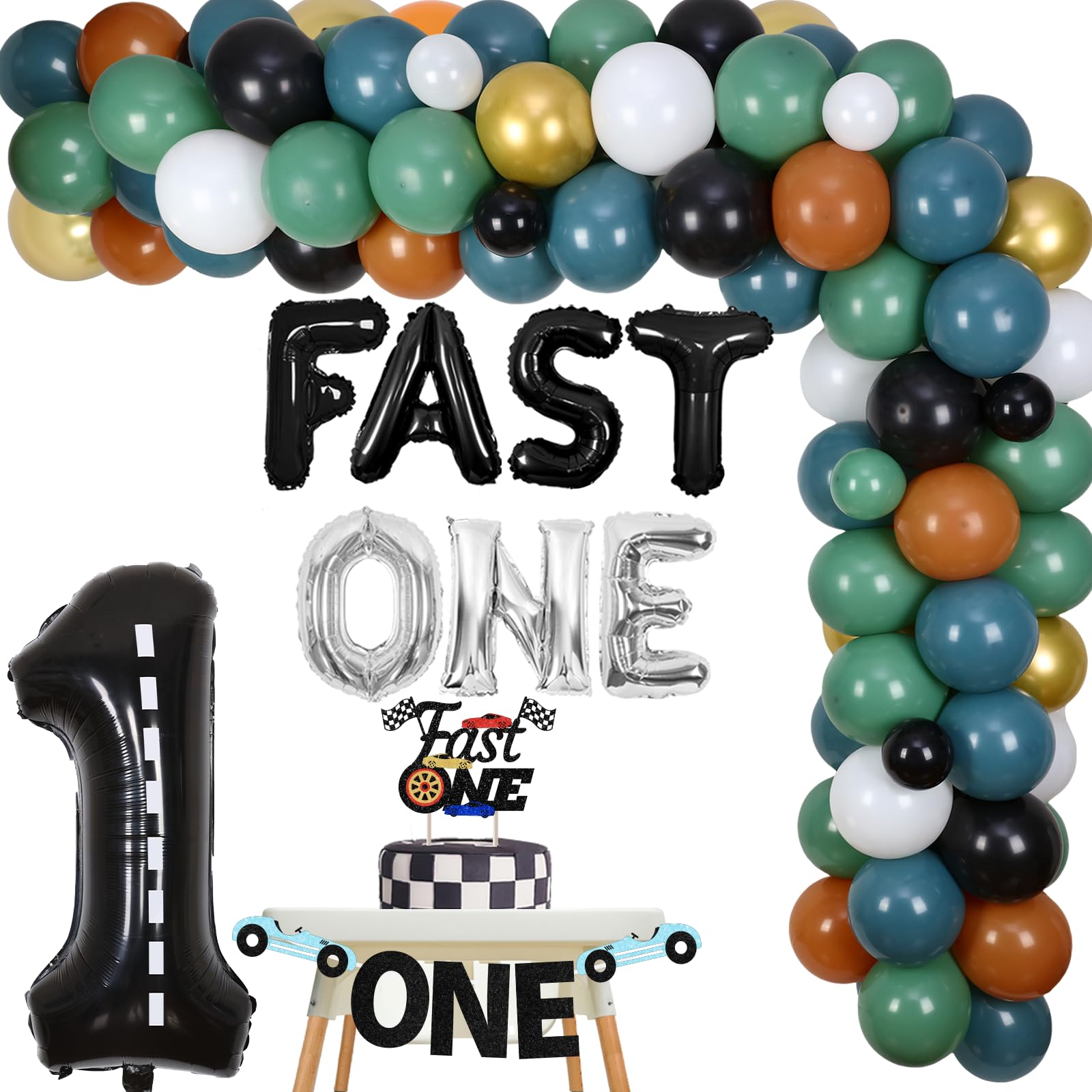 Cheereveal Fast One Birthday Decorations for Boys, Racing Car Themed 1st Birthday Party Supplies, Blue and Green Balloon Garland Kit Fast One High Chair Banner Cake Topper