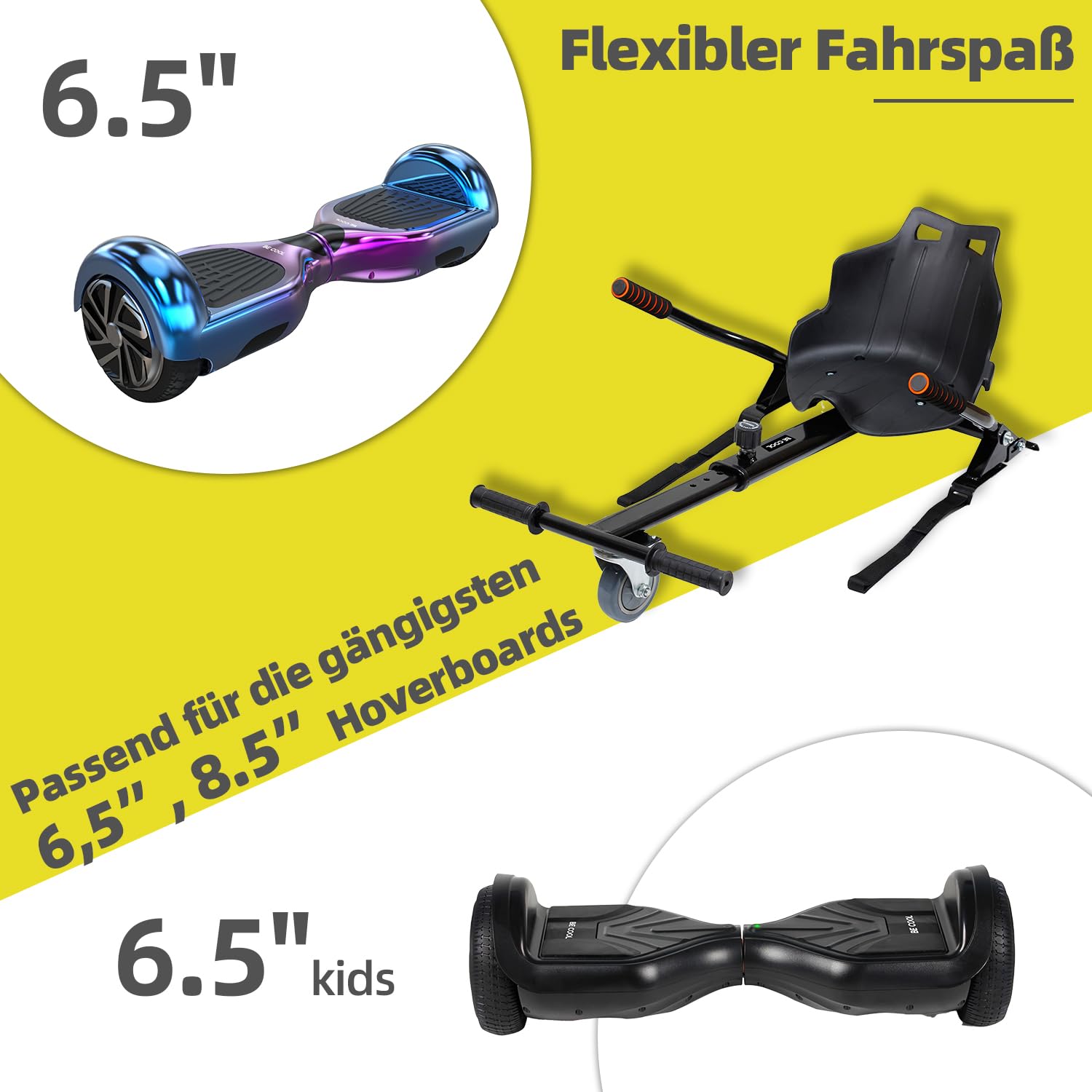 BE COOL Sitting Bull Kart Fixation pour hoverboard Siège universel Longueur réglable 68-90 cm Charge maximale 100 kg Compatible avec Hoverboards 6,5" & 8,5"