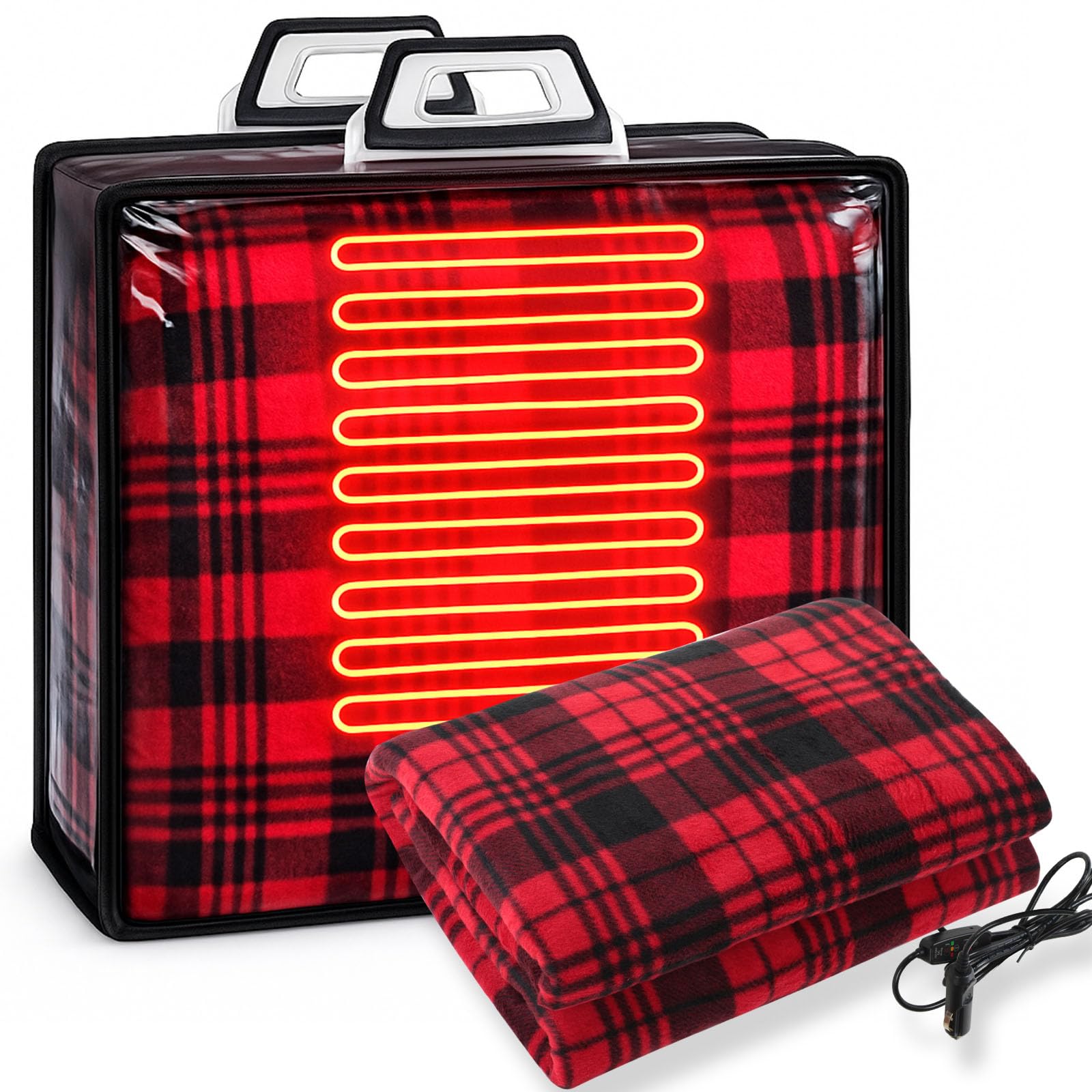 Tuanse 58x43 Inches 12v Heated Car Blanket Plug in, Red Black, Stripe