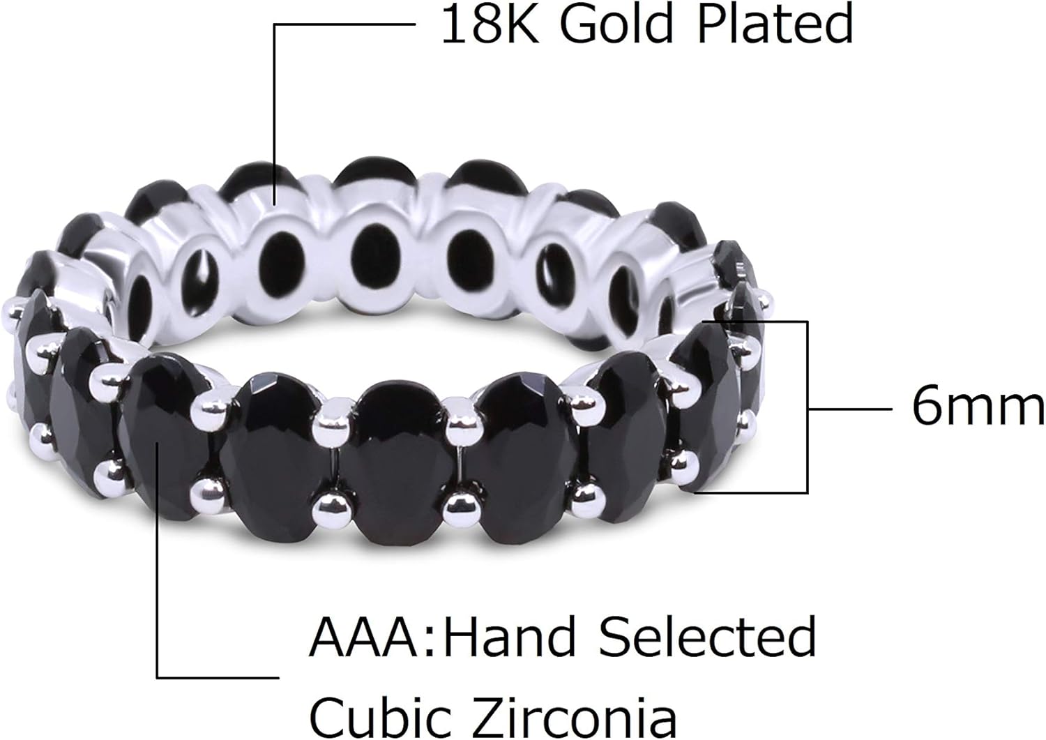Savlano 18K White Gold Plated Black Cubic Zirconia Oval Cut Eternity Ring Band for Women - Image 4