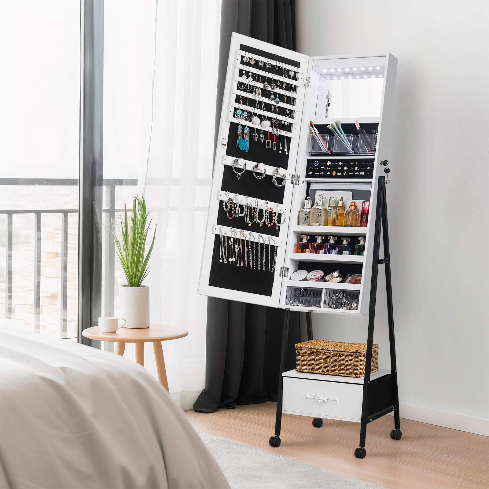 White Rotating Jewelry Armoire with Mirror, Full Length Mirror with Storage, Mirror Jewelry Cabinet Standing with Lights, Jewelry Organizer Stand/Makeup Shelf, 18.5