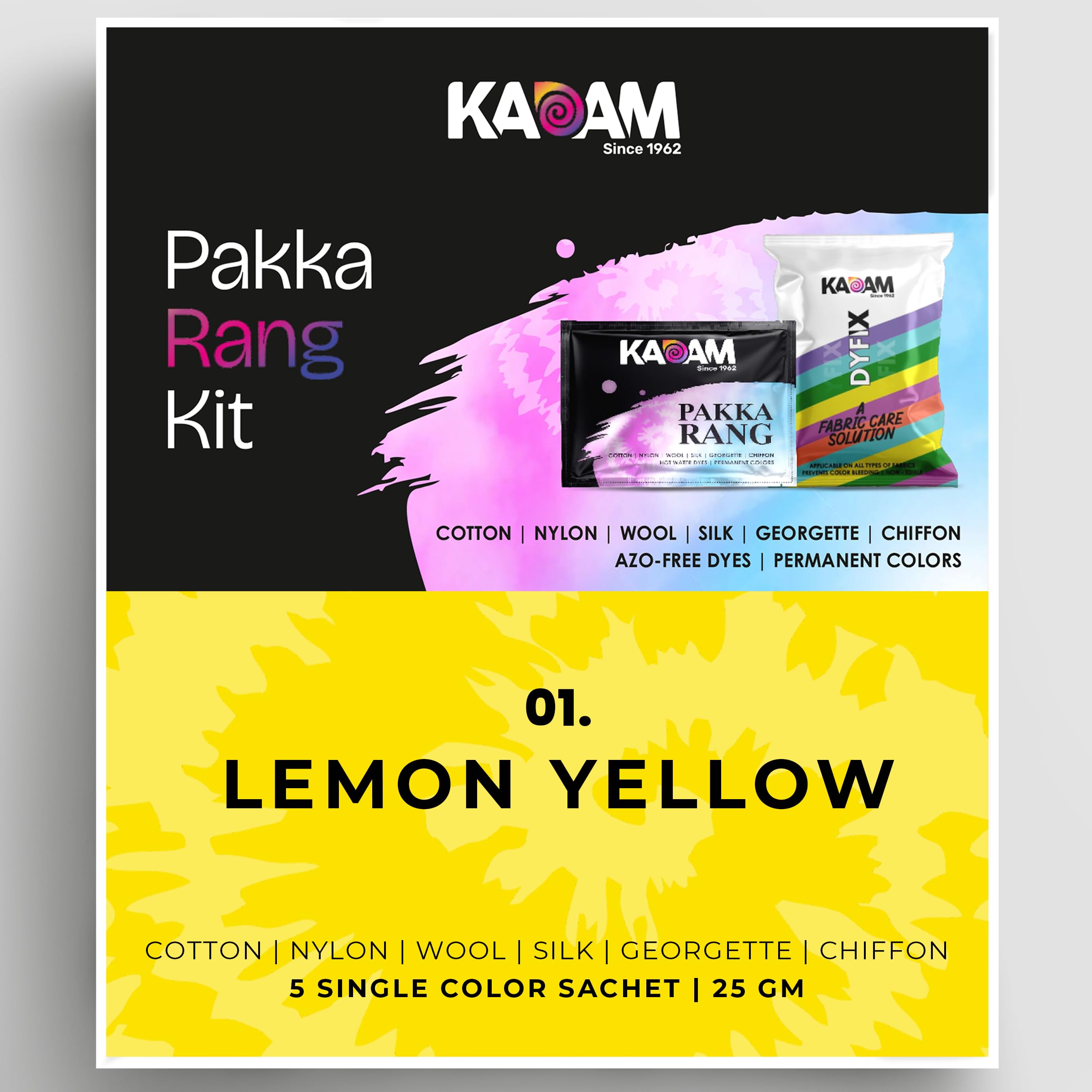 Kadam Pakka Rang Fabric Dye Colour | 25g Pack | Includes DyFix Color Fixer | Permanent Fabric Dyes for Old Faded Jeans and Clothes (Lemon Yellow)
