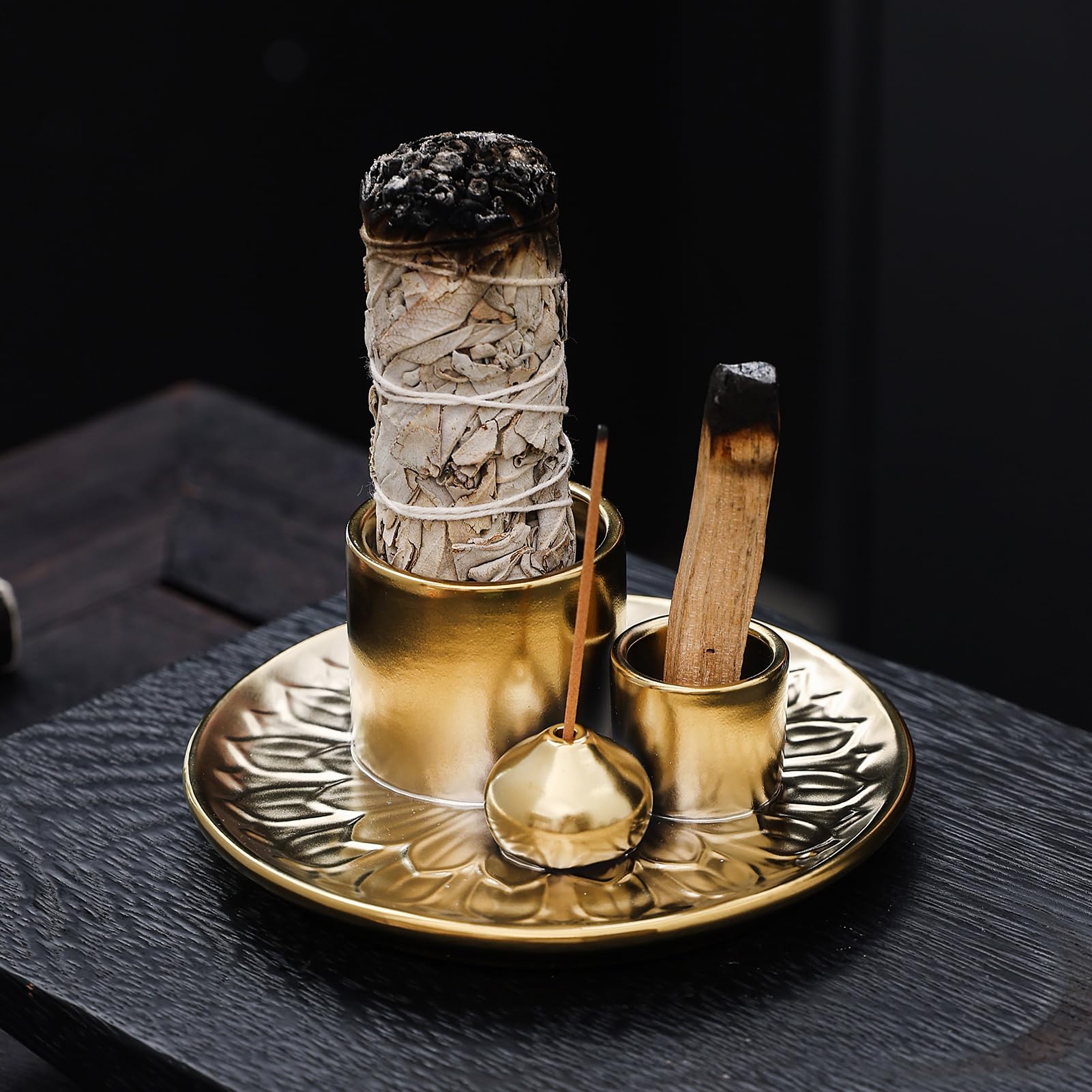 4 in 1 Multifunctional Ceramic Incense and Candle Holder with Ash Catcher Tray Suit for Burning White Sage, Palo Santo Sticks