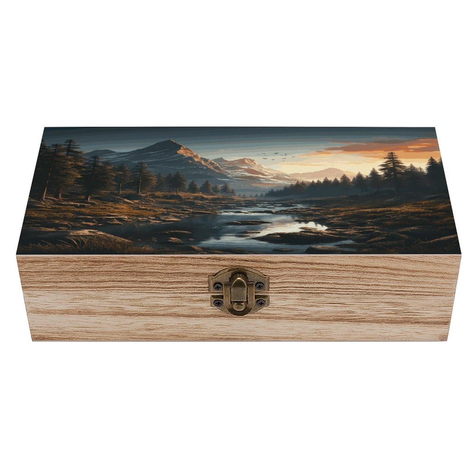 FekiLoot Natural Wooden Keepsake Box with Hinged Lid, 8x4 Inch Wilderness Memory Box, Wood Jewelry Organizer & Trinket Holder, Gift for Men Women Anniversary Wedding
