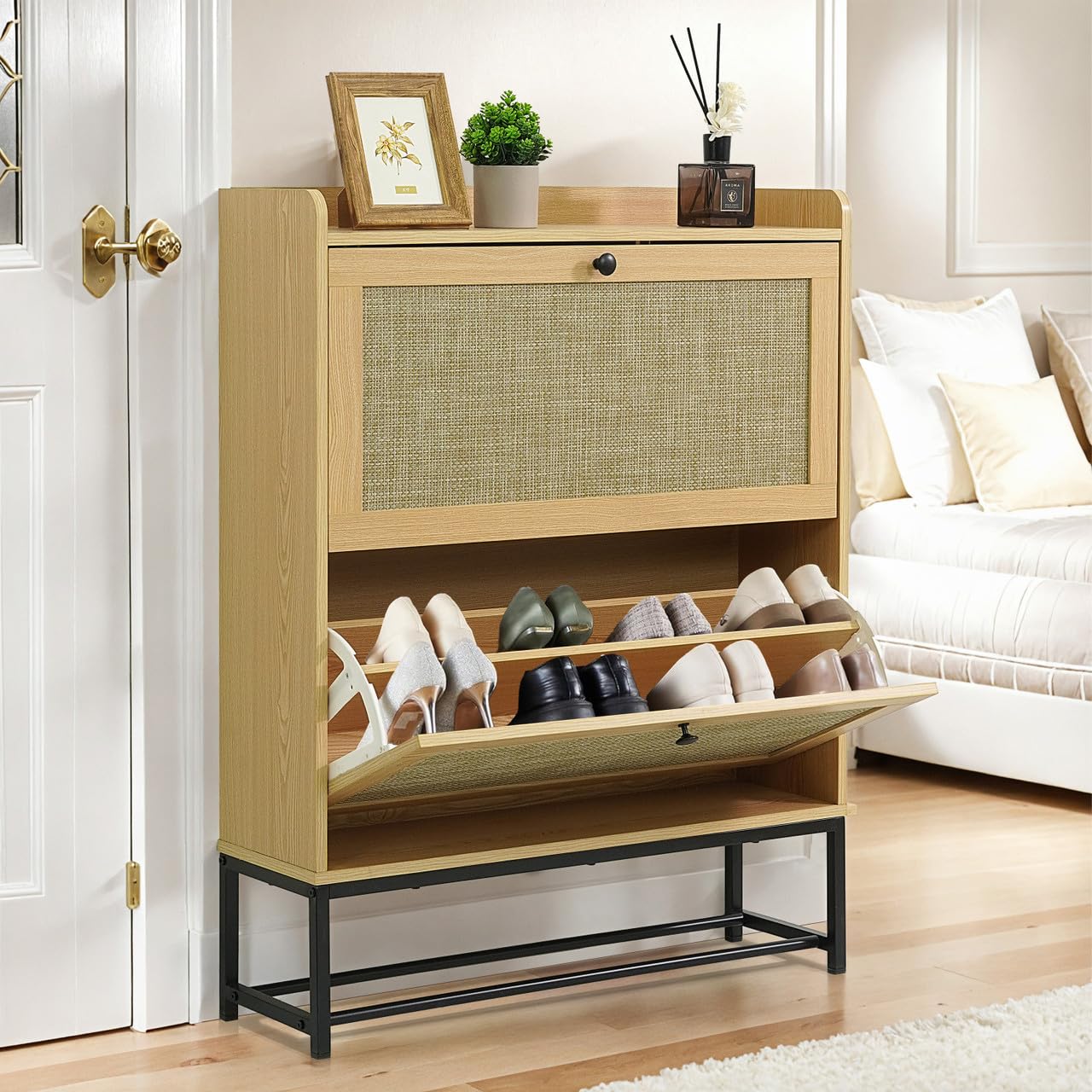 CAPHAUS Shoe Storage Cabinet w/Rattan Flip Drawers, Slim Thin Freestanding Entryway Shoes Organizer w/Adjustable & Removable Shelves, Modern Narrow