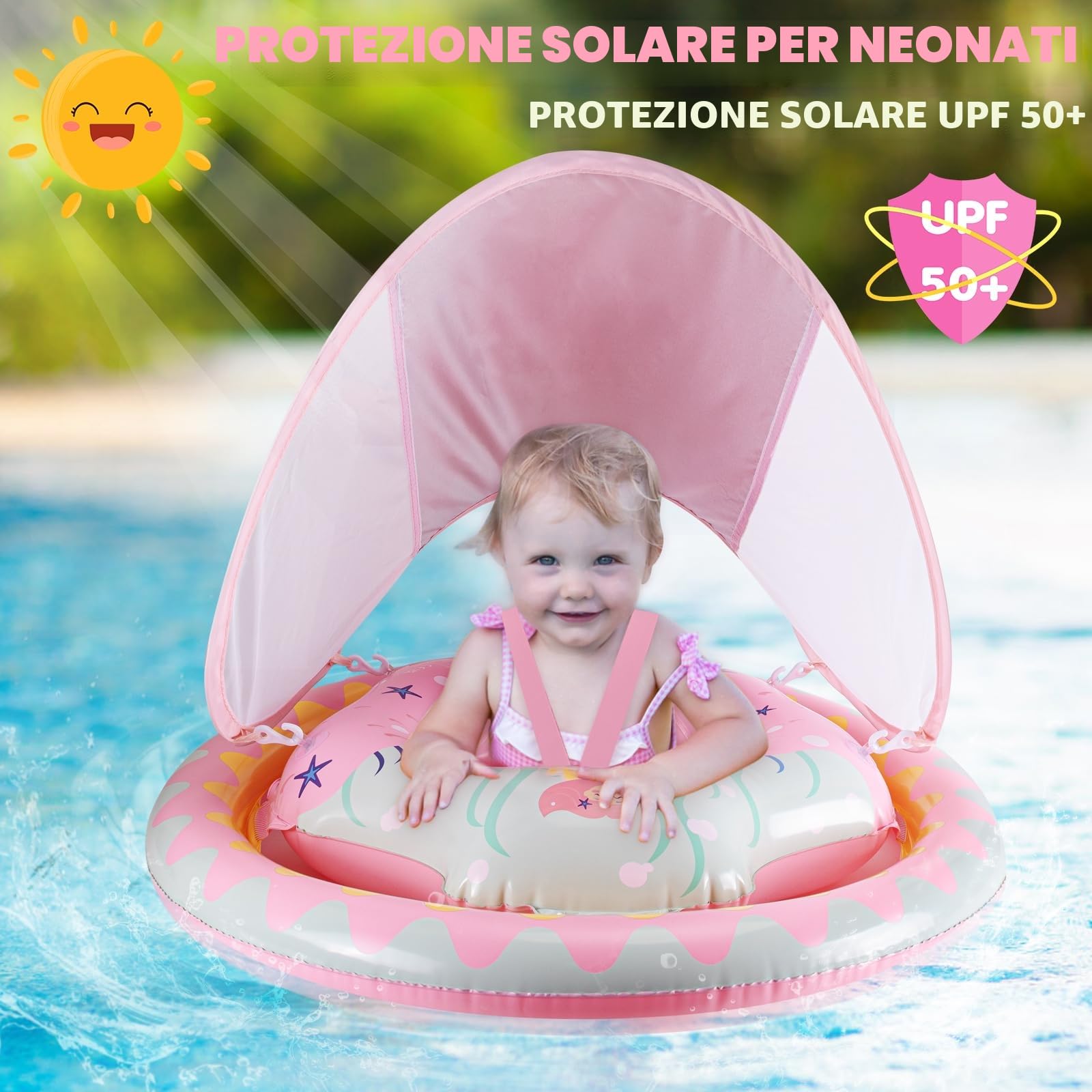 Thedttoy Salvagente Neonato 6-36 Mesi galleggiante gonfiabile piscina con doppio airbag & Tettuccio Parasole, sedile di sicurezza regolabile nuoto galleggiante per bambino Ragazze 1 2 3 Anno (Rosa)