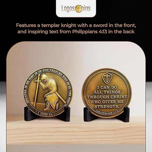 Miniatura 5 de The Task Ahead Coin, paquete a granel de 10, I Can Do All Things, monedas de desafío, chapado en oro antiguo, con un caballero templario arrodillado