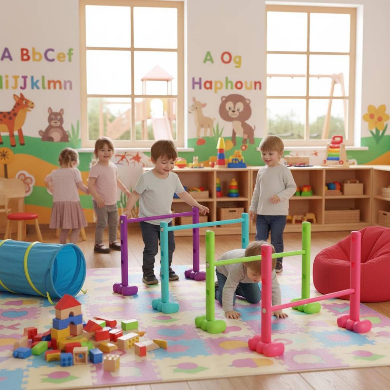 Amagogo Kinder Hürden Set Hindernisparcours Hürden Tunnel Balancierstangen Trainingsspielzeug Verstellbares Design für Krabbeln Springen Gleichgewicht für, Verstellbare Hürden Vierfarbig Set
