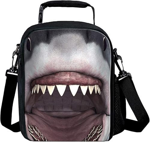7-mi Bolsas de almuerzo aisladas para niños 3D Shark Lunch Tote Box Comidas con correa ajustable para el hombro y soporte para botella de agua