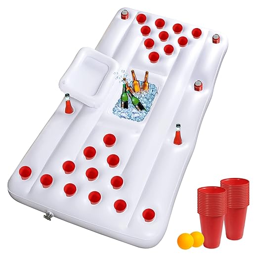 28 Tassenlöchern Aufblasbarer Beer Pong Tisch Luftmatratze Pool Pong Game mit 28 Kunststoffbechern und 2 Ping Pong Bällen für Sommer Schwimmbad Party Pool Wasser-Spaß Strand Mottoparty