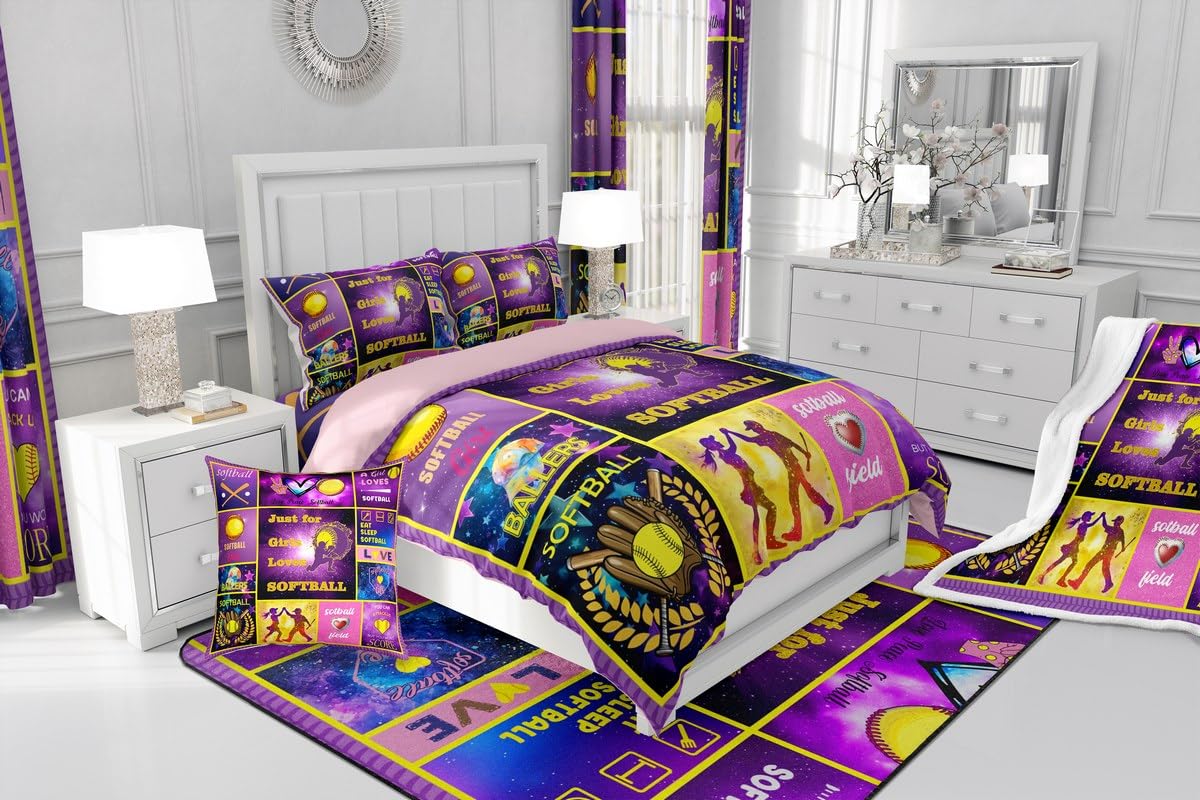 Homewish Funda de edredón de softball tamaño King, funda de edredón de retazos morados para niños, adolescentes y adultos, juego de ropa de cama deportiva de sóftbol para niñas y niños, juego de cama