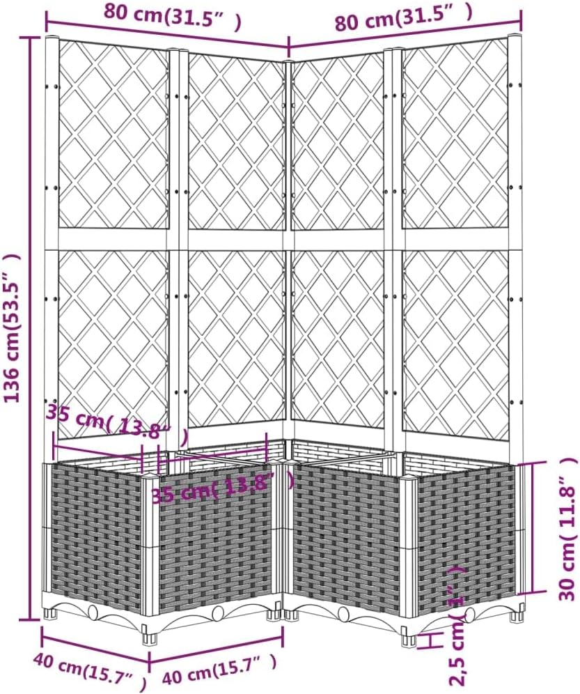 vidaXL Brown Garden Planter with Trellis 31.5X31.5X53.5 in UV Resistant Polypropylene Large Outdoor Flower Box Modern Style Balcony Décor Raised Bed Plant Pot Rectangular