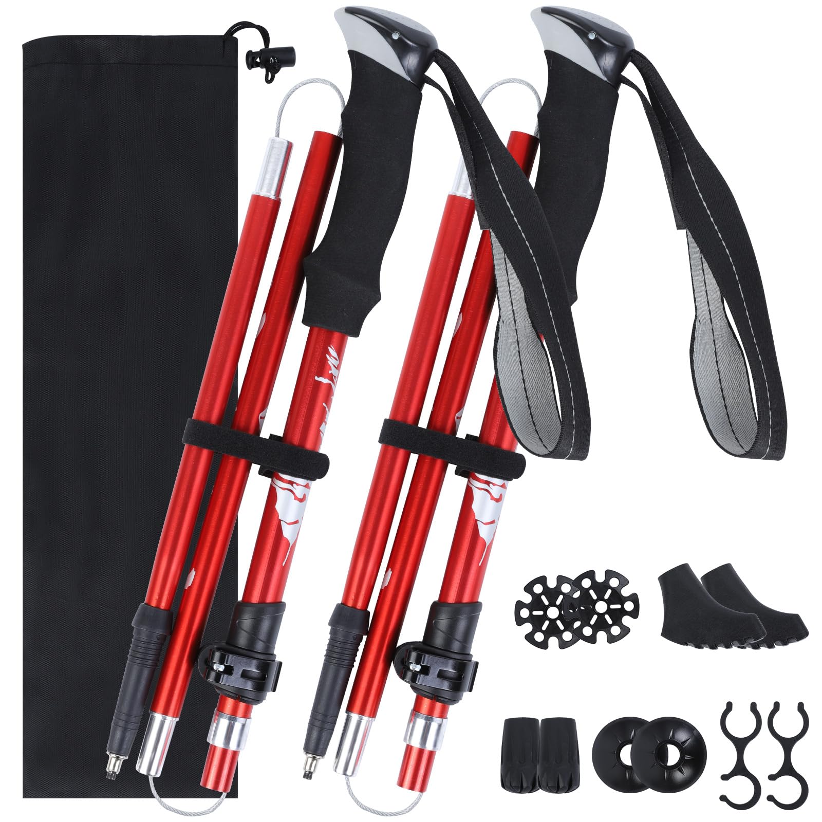 VINATO Bastoni da Trekking Pieghevoli, 2 Pezzi, Bastoncini Escursionismo in Lega di Alluminio 7075 Leggeri, Regolabili 110-130cm con Borsa da Trasporto, per Nordic Walking, Escursionismo, Rosso