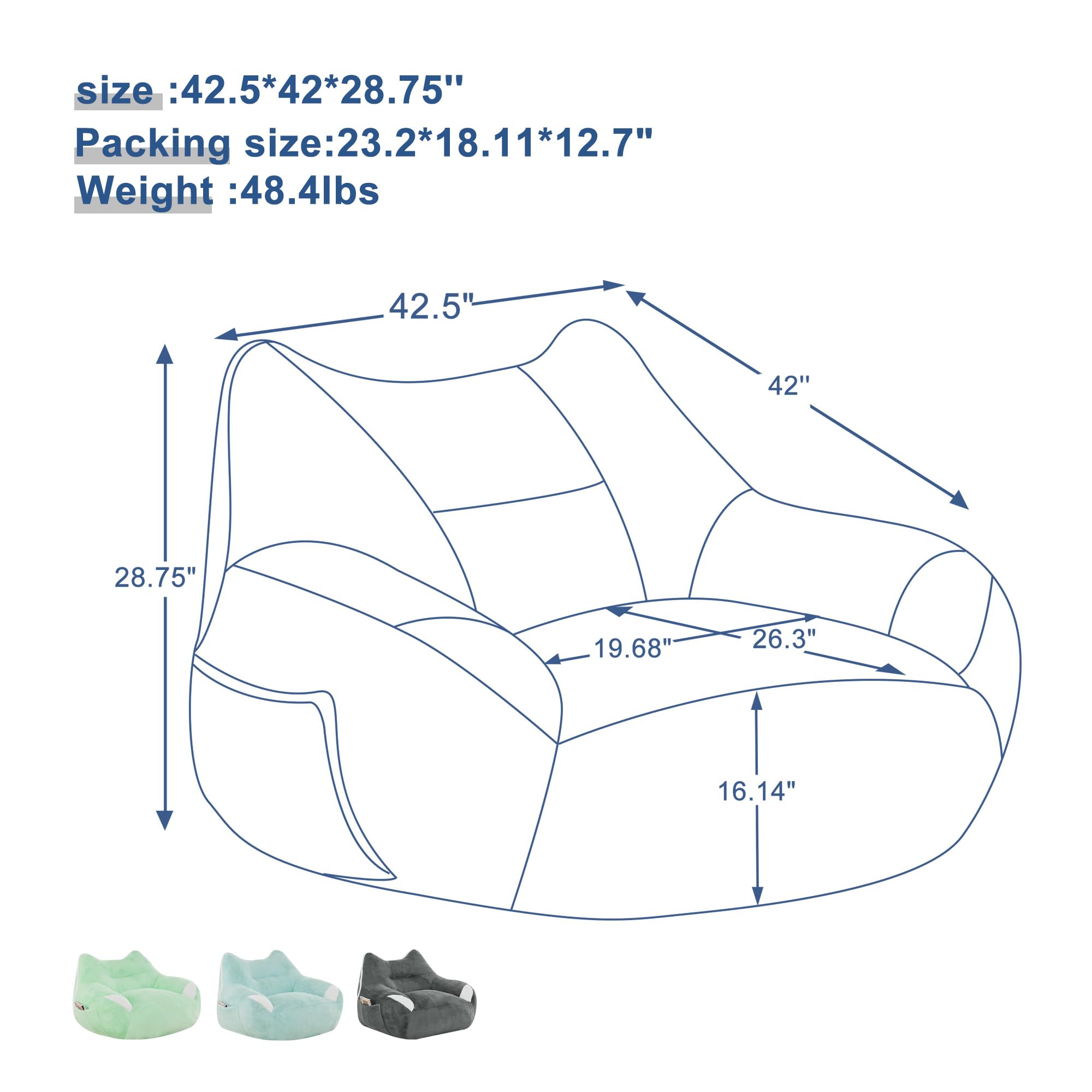 Mofolit Bean Bag Chairs for Adults,Big Bean Bag Chair with Artificial Rabbit Fur Fabric,Comfy Single Sofa for Living Room,Reading Room and Apartment. (Blue)