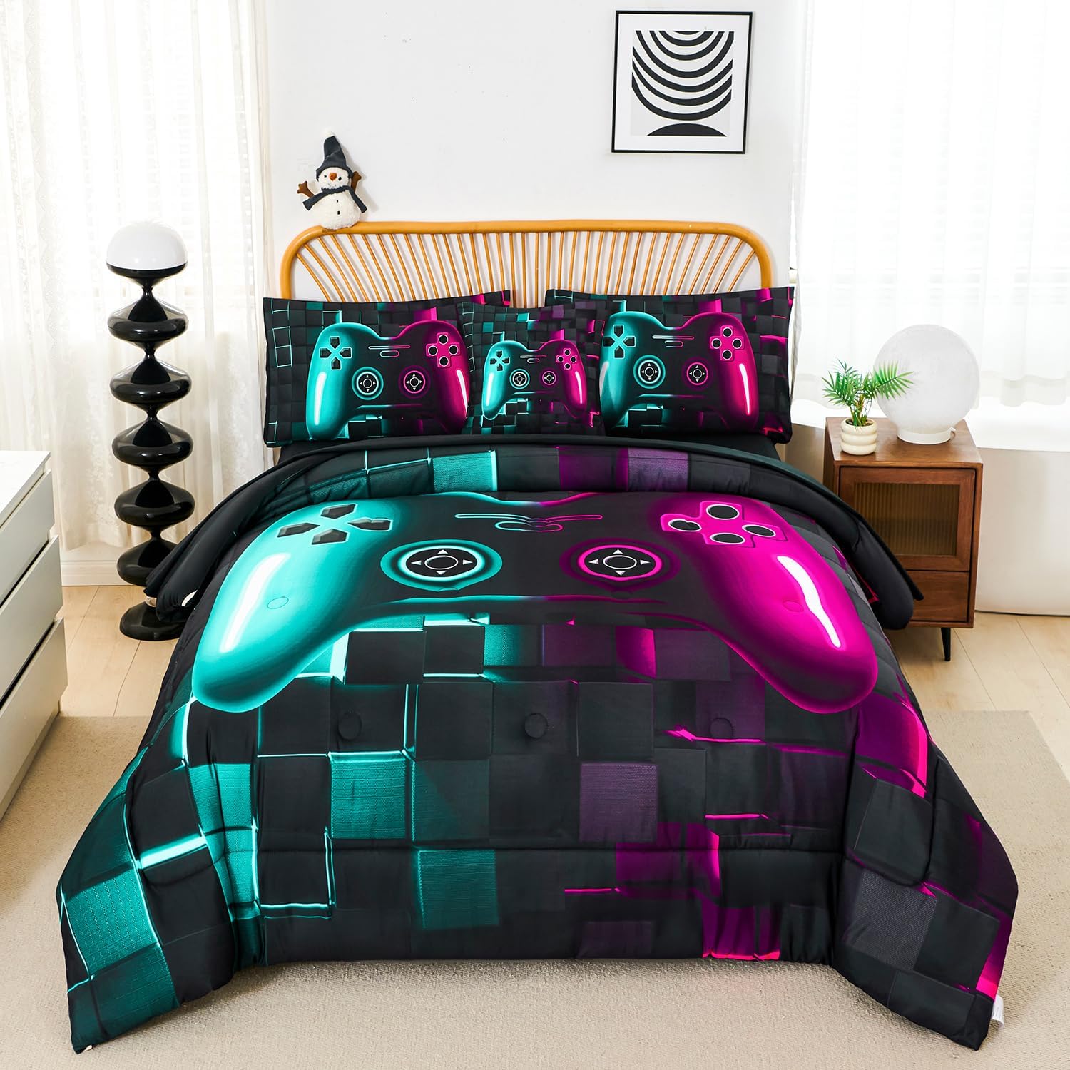PERFEMET Game Twin Bedding Sets for Boys 6 Pieces Purple and Teal Kids Gaming Bed Comforter Set Soft Microfiber 3D Gamer Console Teen Boy Bed in a Bag with Sheets for All Season(Purple Teal, Twin)