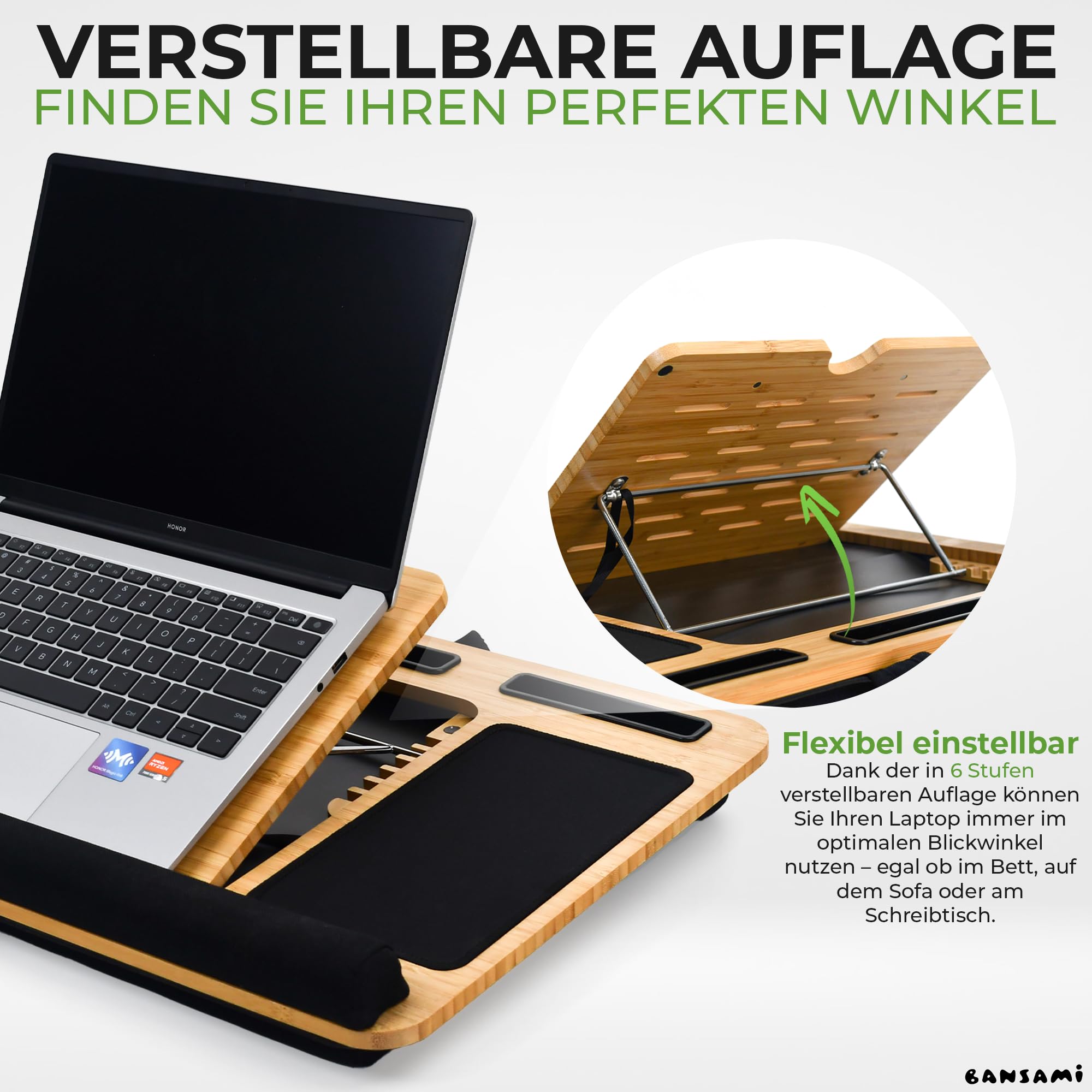 Knietablett Mit Kissen Aus Bambus, Verstellbare Laptop Unterlage Mit Handyhalter Und Mousepad, Laptop Unterlage Schoß Mit Handauflage, Lap Desk Laptopkissen Lapdesk Notebook