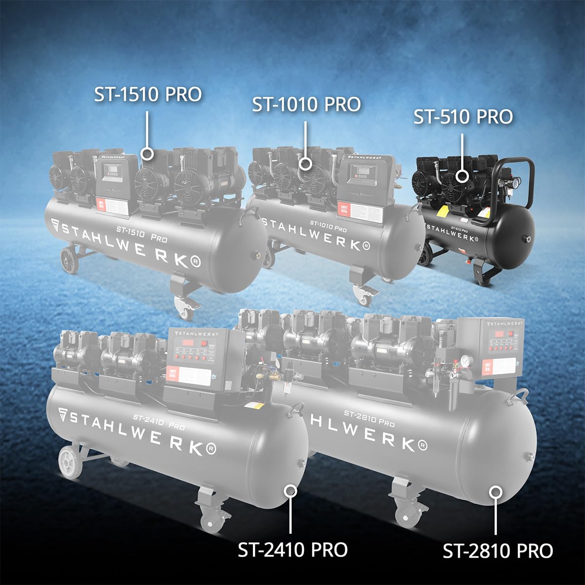 STAHLWERK Kompressor mit 50 L Tank (ST-510 Pro) – ölfrei & leise, 10 bar, 3,94 PS (2,9 kW), 500 l/min, 70 dB, Druckluftkompressor mit Brushless-Motoren, Silent-/Flüsterkompressor, Kolbenkompressor