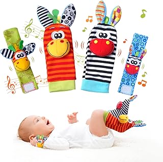 PHEZAPA Baby Wrist Rattles Foot Finder Socks Set, Infant rattle Socks and baby hand rattles wrist, Newborn Soft Sensory To...