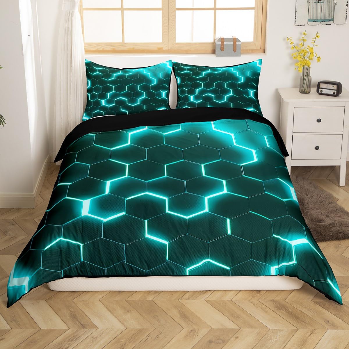 Homewish Teal Black Boys Bedding Double Neon Turquoise Geometric Honeycomb Duvet Cover Hexagon Bedding Sets Modern Fashion Geometrical Bed Set Reversible Black 2 Pillow Cases - Image 2