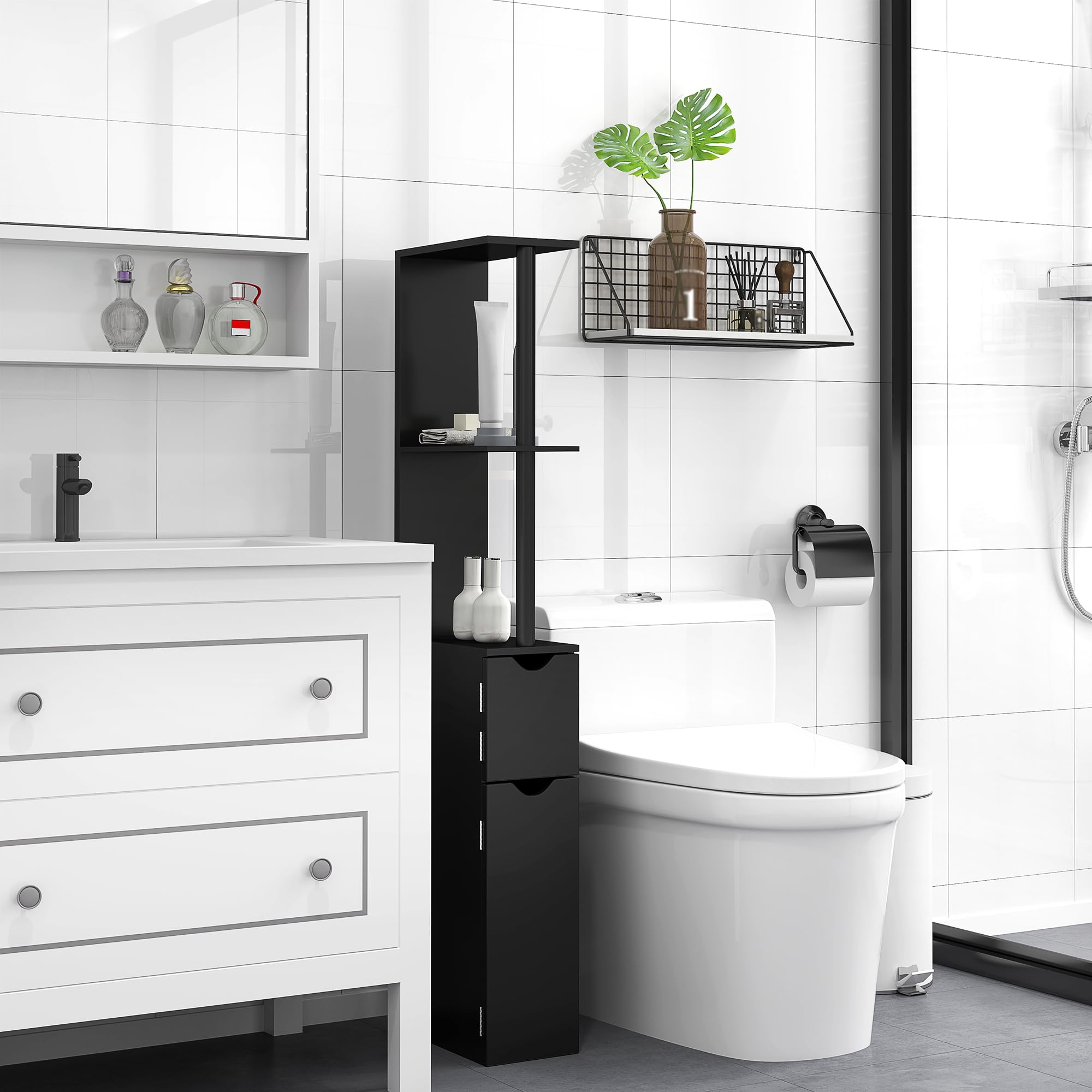 Kleankin Armario de baño Columna ahorrador de Espacio Negro