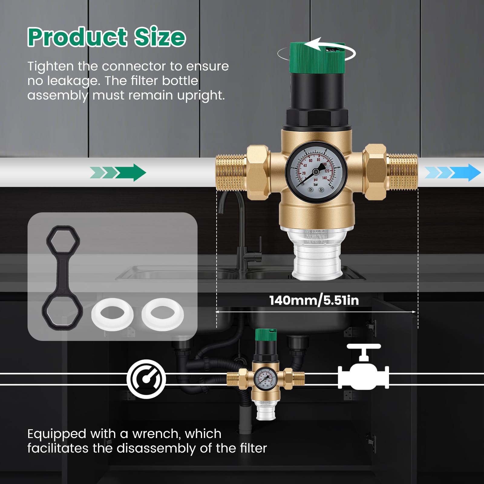 Riduttore di pressione dell'acqua da 3/4" con manometro e filtro da 40 μm, riduttore di pressione dell'acqua regolabile in ottone, pressione di uscita 1-6 bar, adatto per acqua potabile per casa