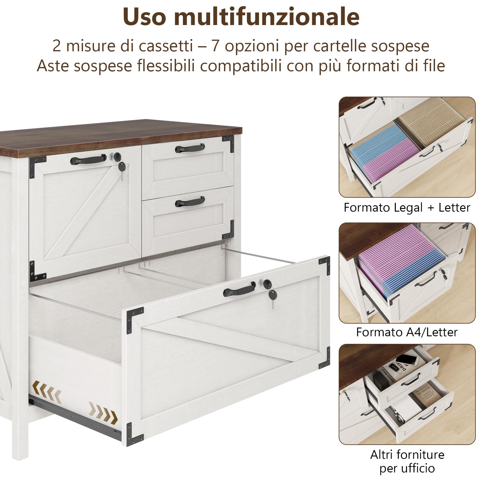 BonVache Armadietto con 3 cassetti e ante, in stile rustico, in legno, bianco, per ufficio domestico, con ripiano per stampante, adatto per cartelle sospese A4/lettere