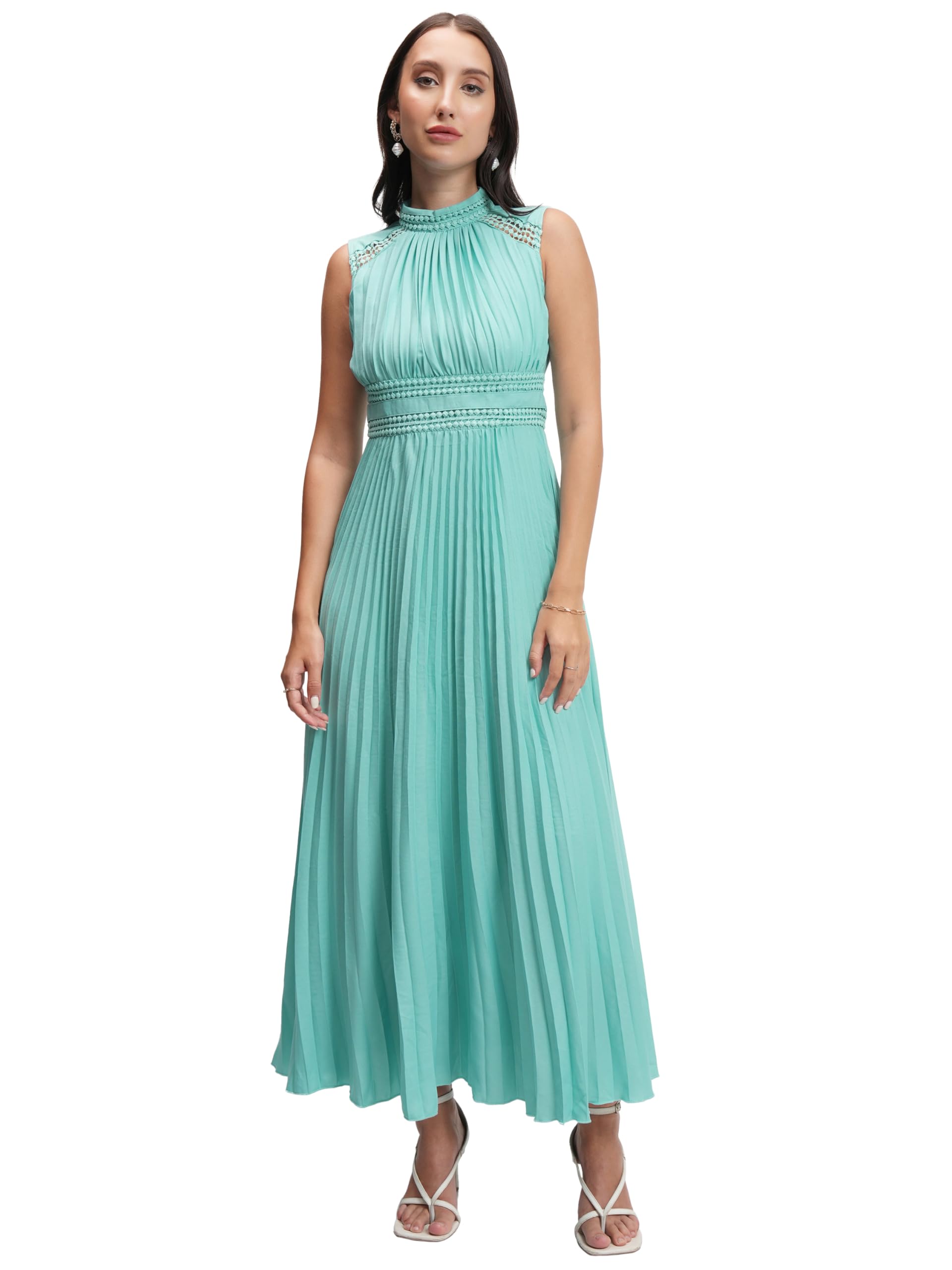 Women's Elegant & Graceful A-Line Pleated Maxi Dress | Sleeveless Halter Neck with Cinched Waist for a Flattering Silhouette-image-41