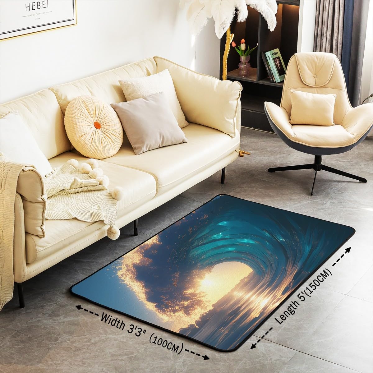 Sea Wave Area Rug,Ocean Adventure 3D Sea Sunset Living Room Rugs for Kids Teens Adult,Coastal Nature Landscape Seaside Travel Non Slip Washable Decor Carpet for Indoor Outdoor 3'x5'x0.39''