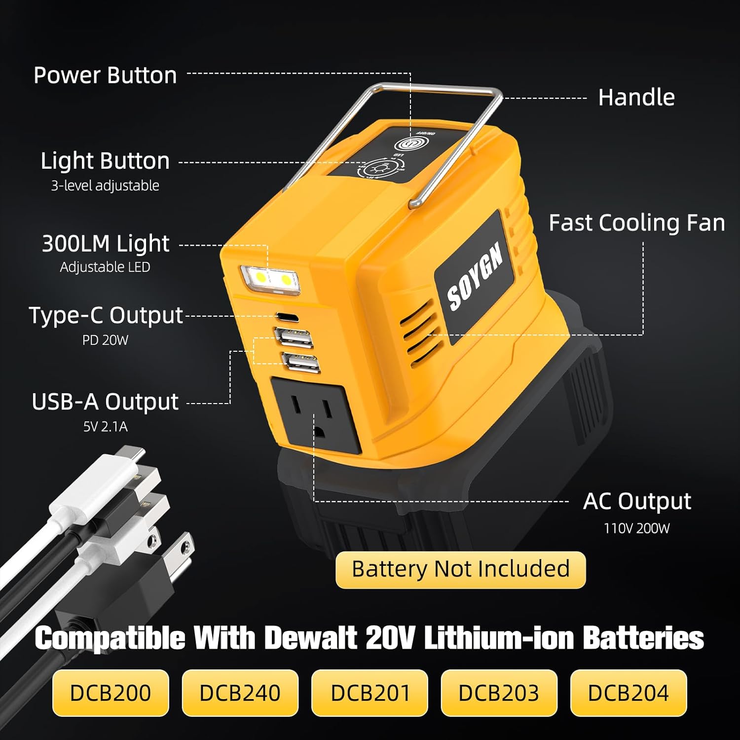 200W Portable Power Inverter for DeWALT 20V,Outdoor Generato Battery Converter with 2 USB&LED&AC Battery Powered Outlet,Convert DC 18V/20V to AC 110V-120V Portable Power Station(Tool Only)